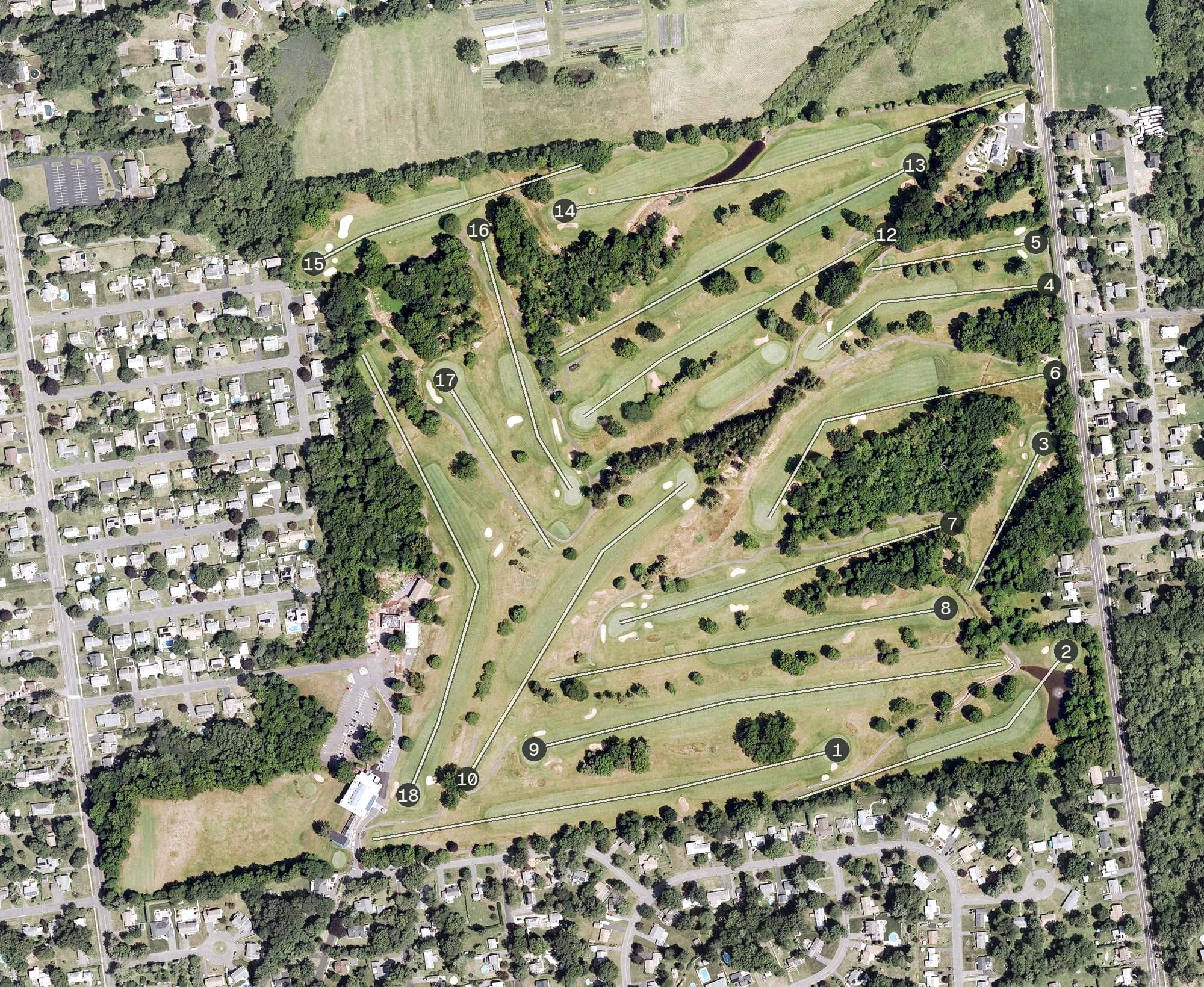 Aerial view of Indian Hill Country Club, CT, with its hole routing marked