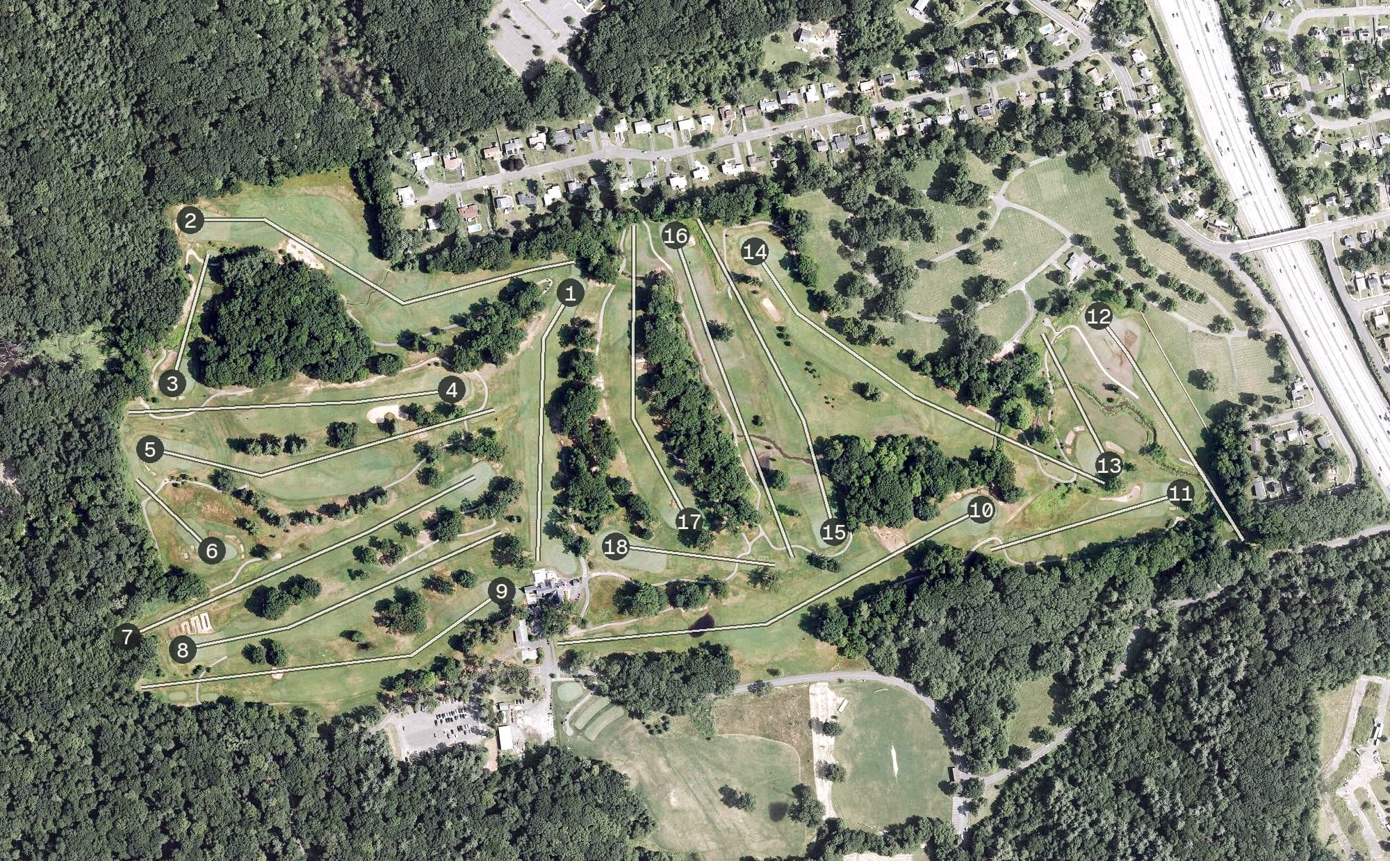 Aerial view of Keney Golf Course, CT, with its hole routing marked