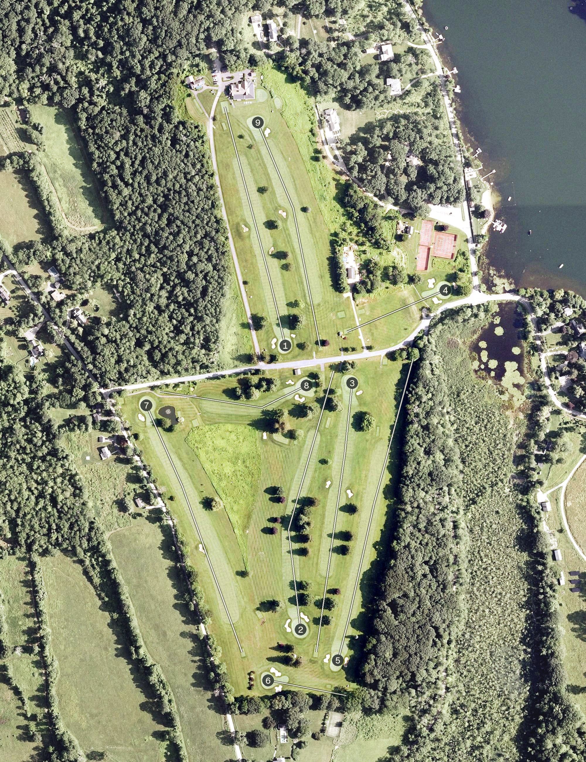 Aerial view of Lake Waramaug Country Club, CT, with its hole routing marked