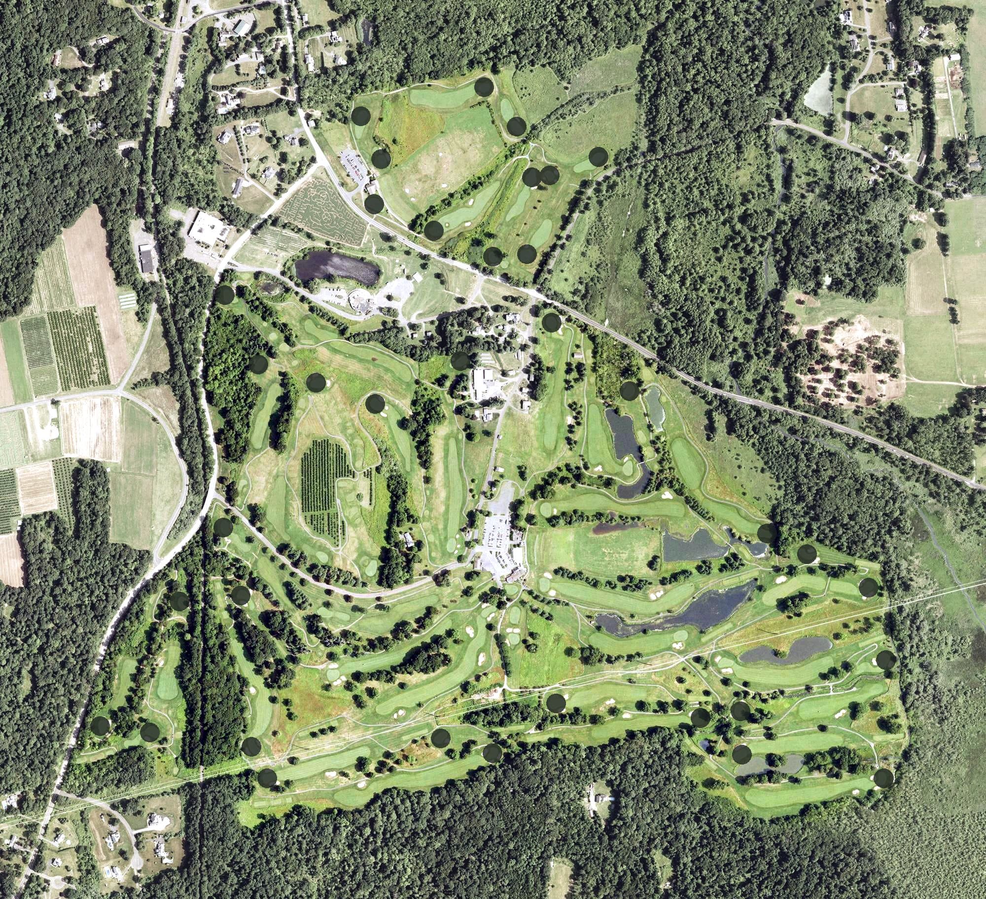 Aerial view of Lyman Orchards Golf Club, CT, with its hole routing marked