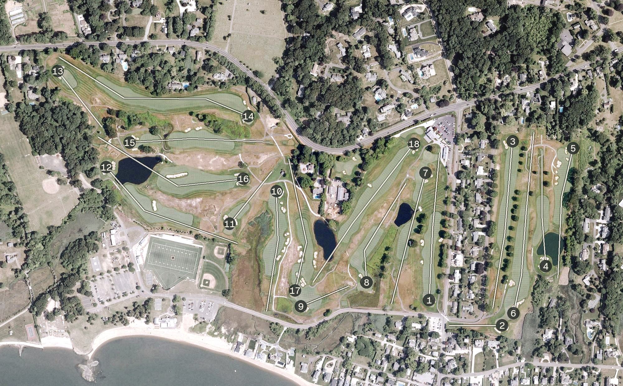 Aerial view of Madison Country Club, CT, with its hole routing marked