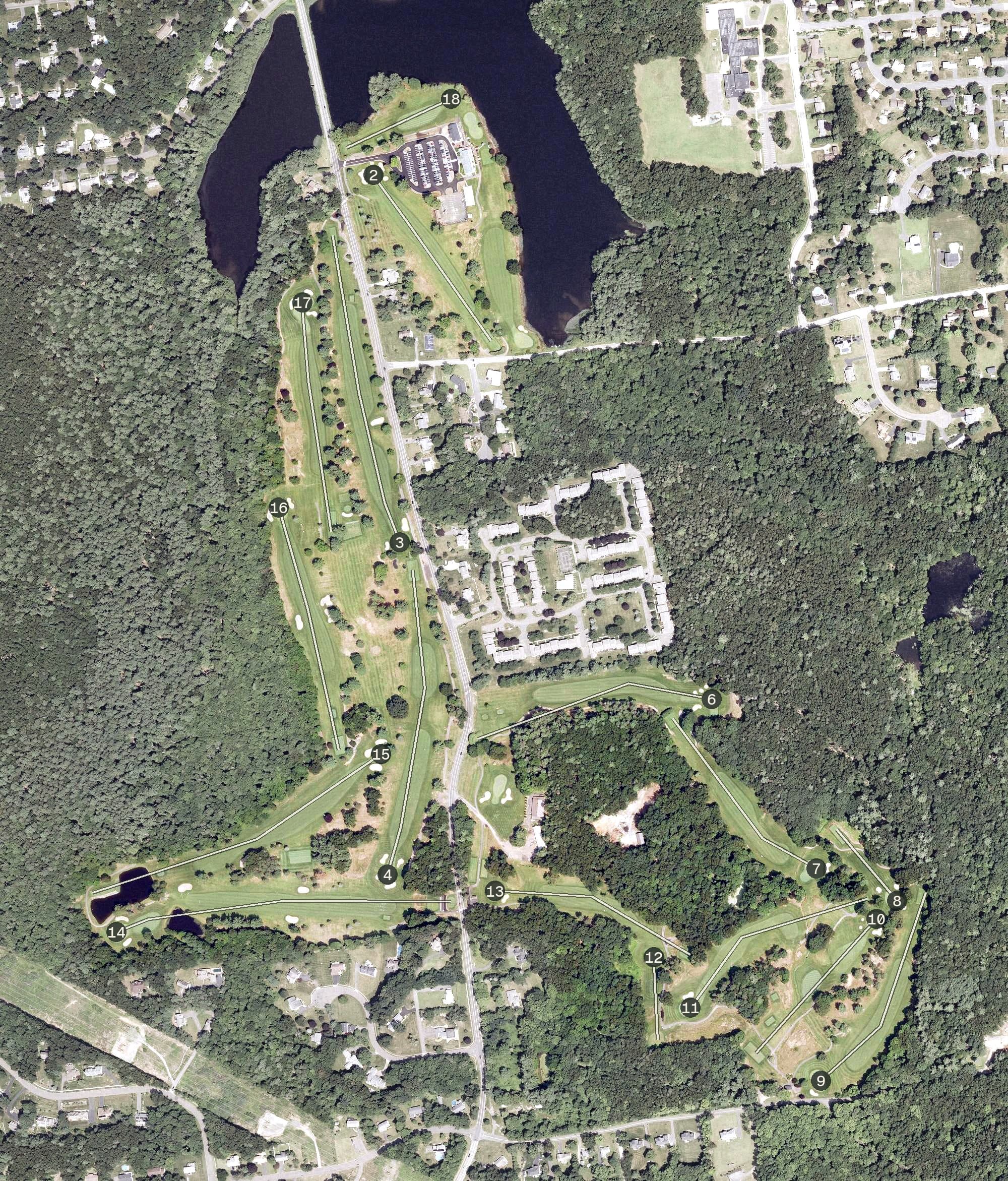 Aerial view of Manchester Country Club, CT, with its hole routing marked