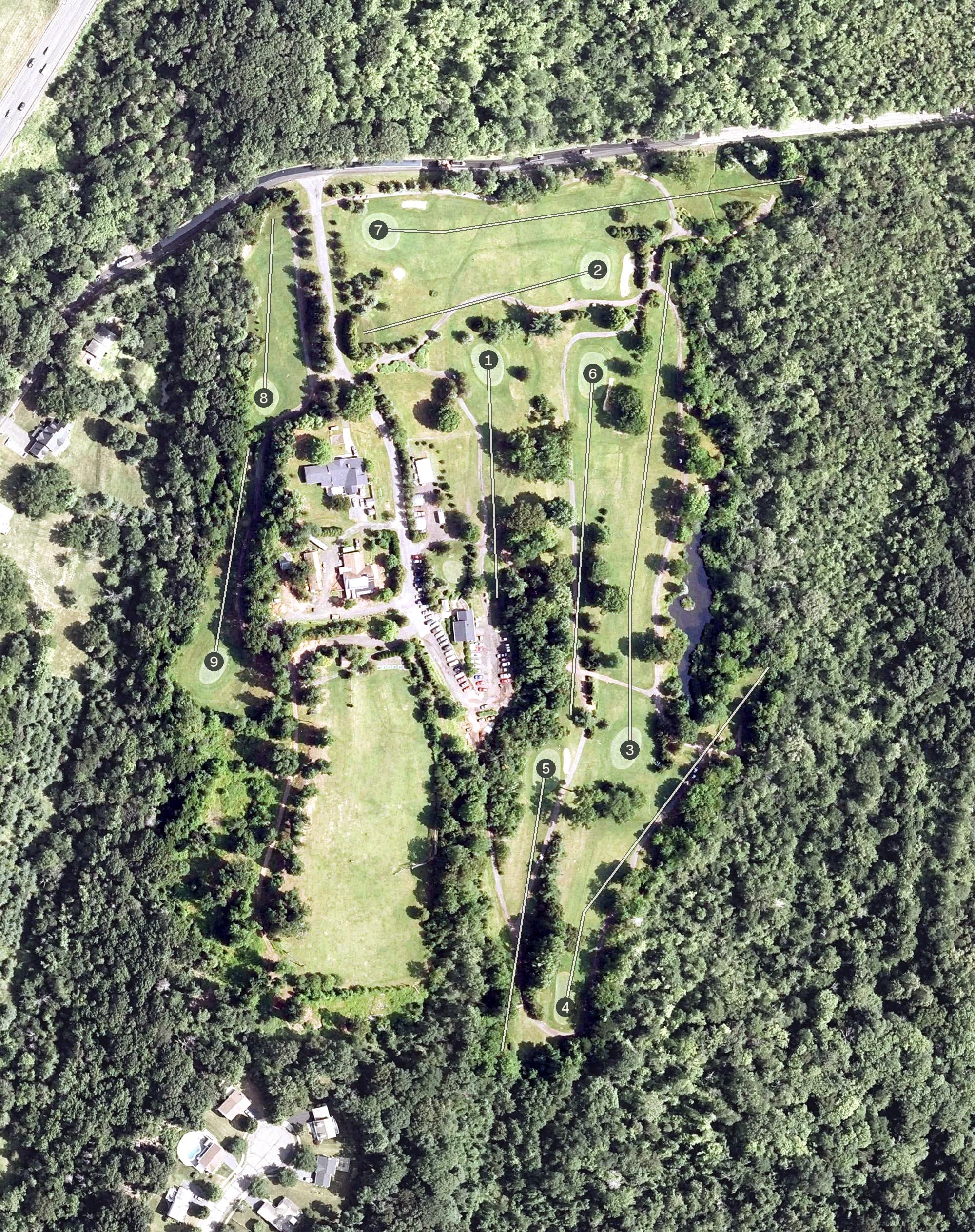 Aerial view of Miner Hills Golf Course & Driving Range, CT, with its hole routing marked