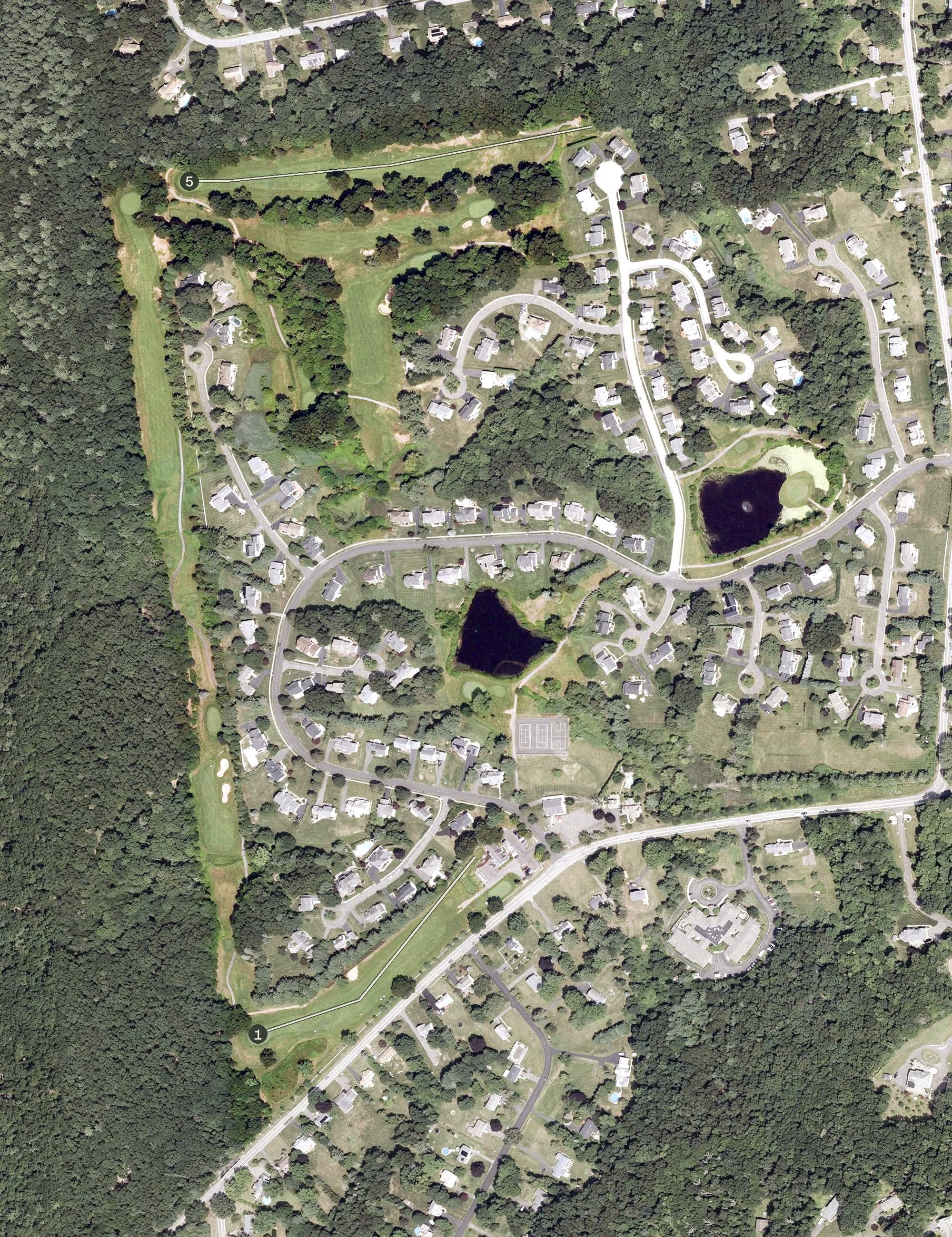 Aerial view of Minnechaug Golf Course, CT, with its hole routing marked