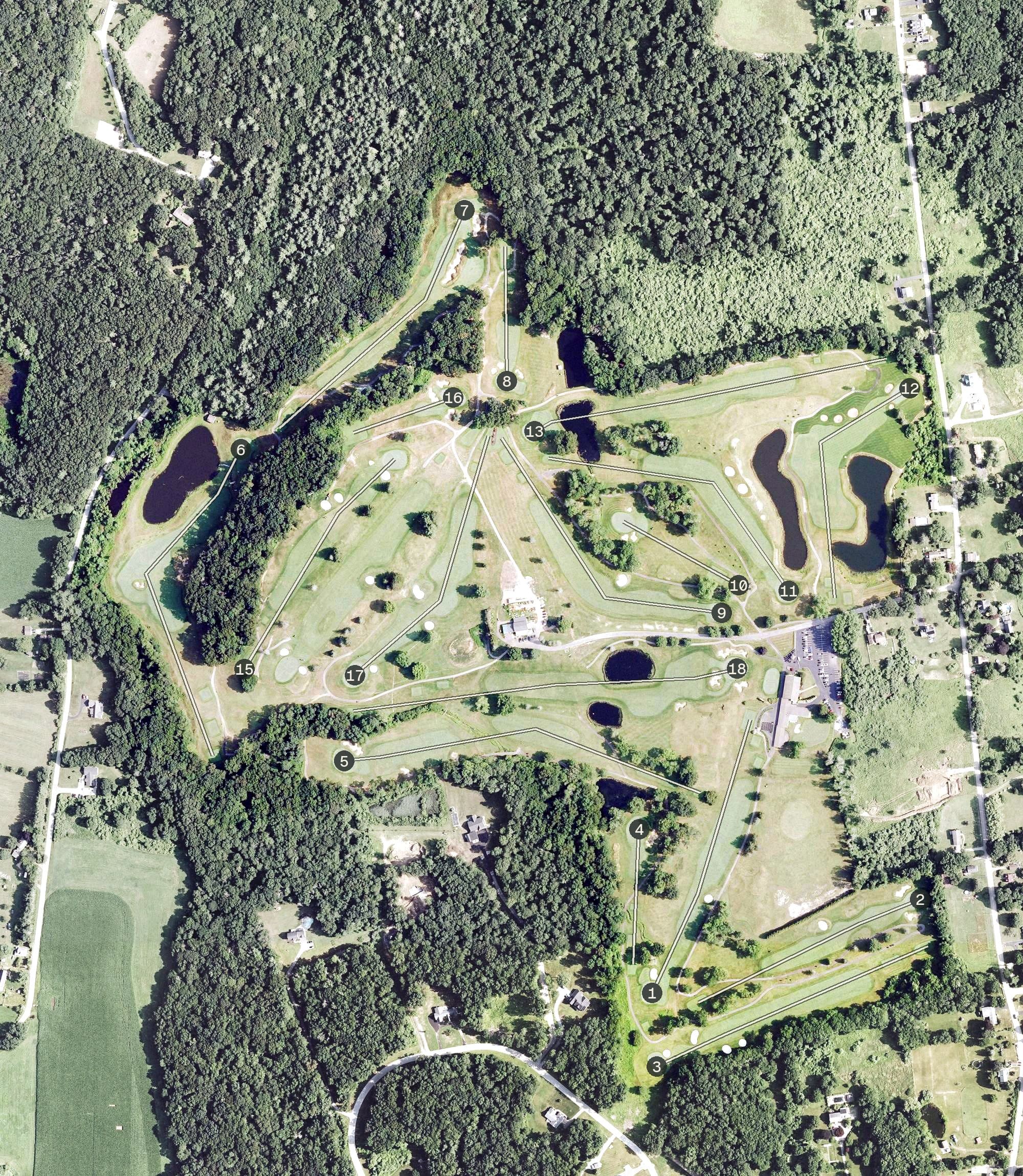 Aerial view of Mohegan Sun Country Club at Pautipaug Hill, CT, with its hole routing marked