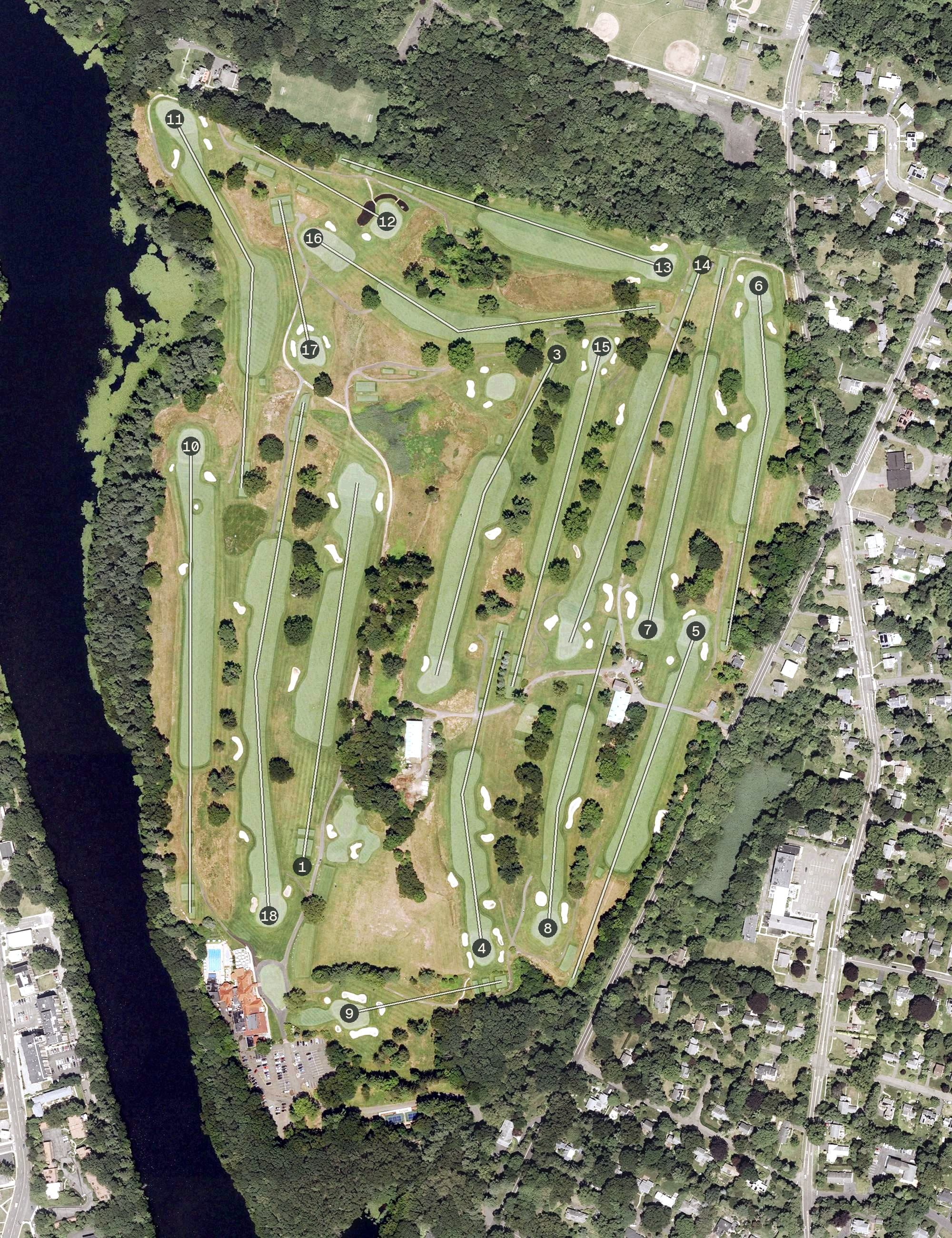 Aerial view of New Haven Country Club, CT, with its hole routing marked