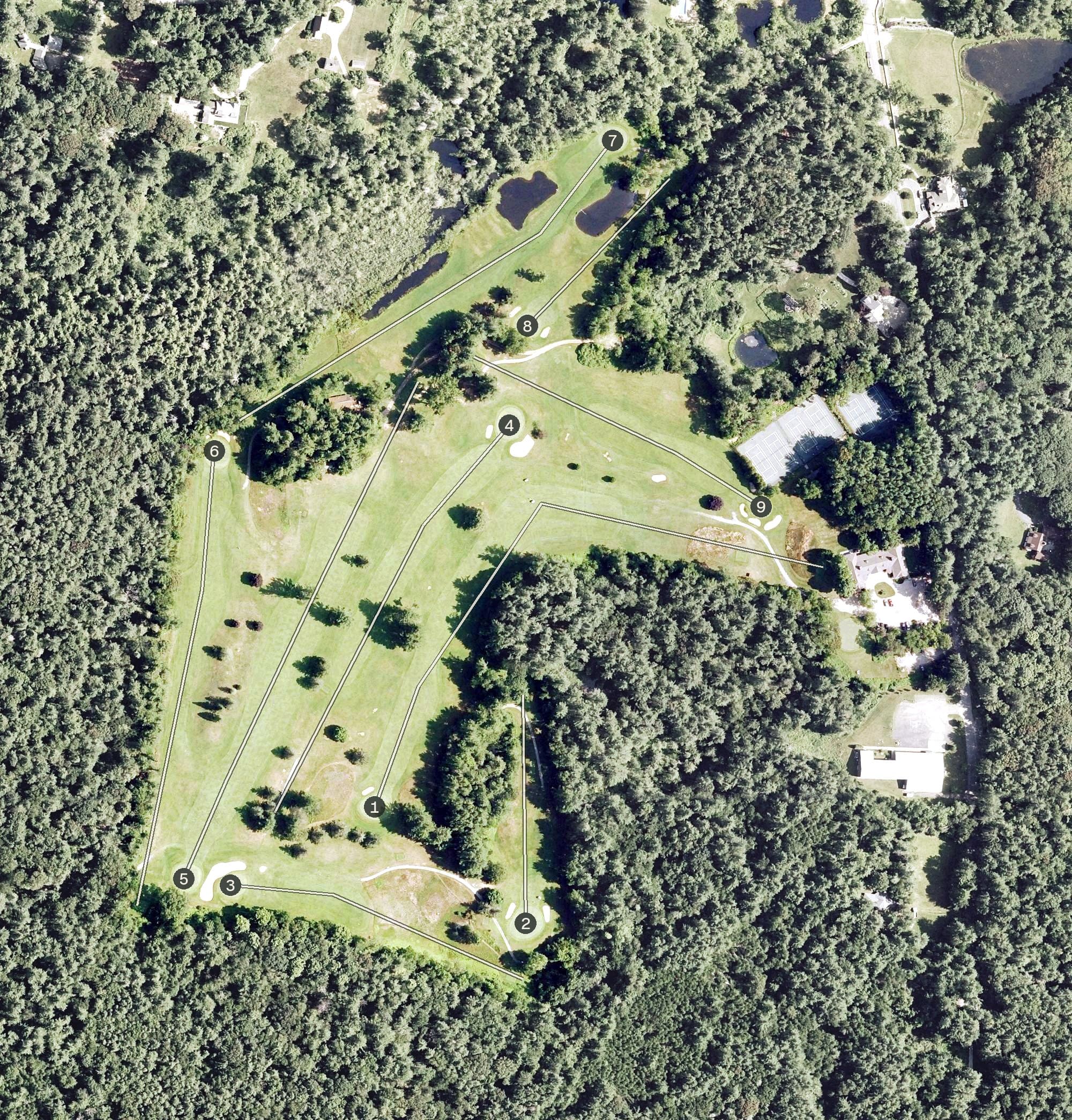 Aerial view of Norfolk Country Club, CT, with its hole routing marked