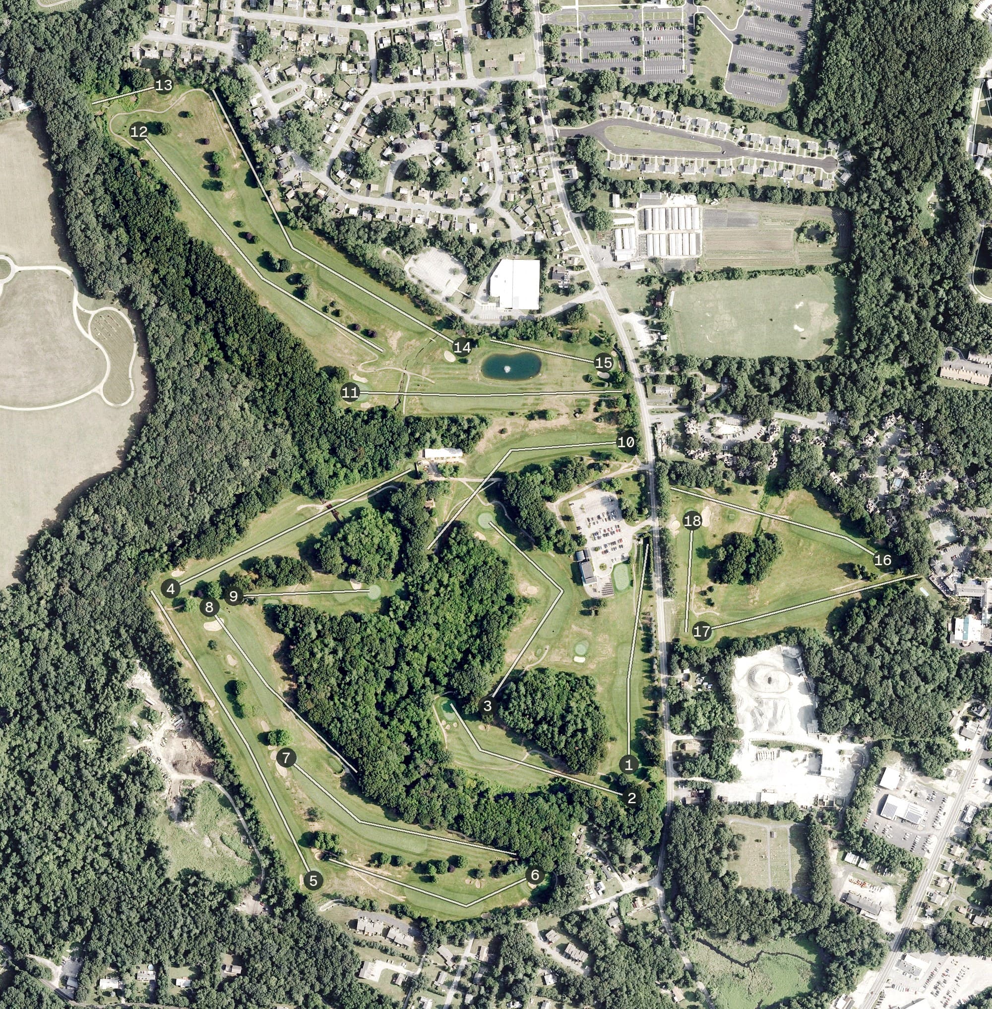 Aerial view of Norwich Golf Course, CT, with its hole routing marked