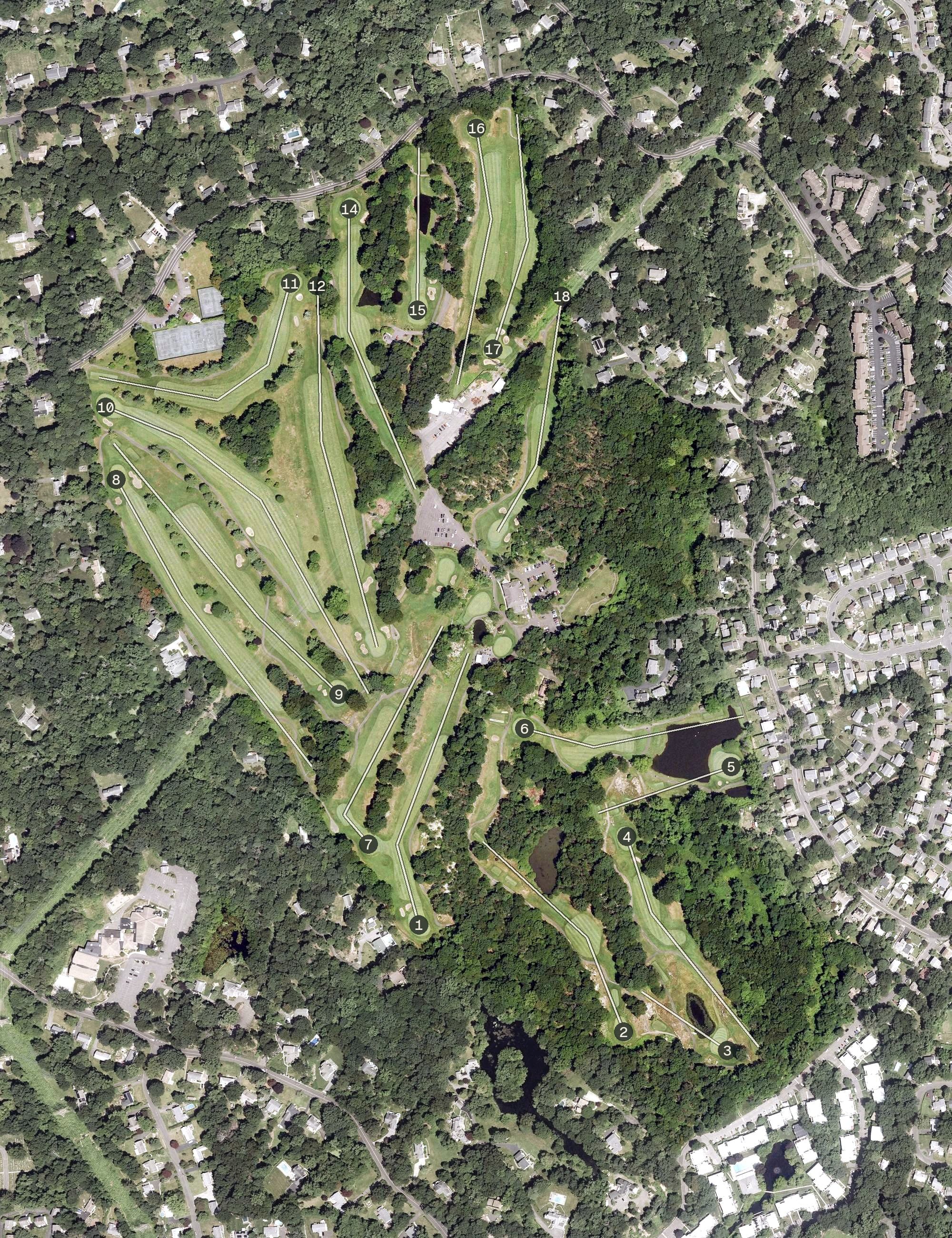 Aerial view of Oak Hills Park Golf Course, CT, with its hole routing marked