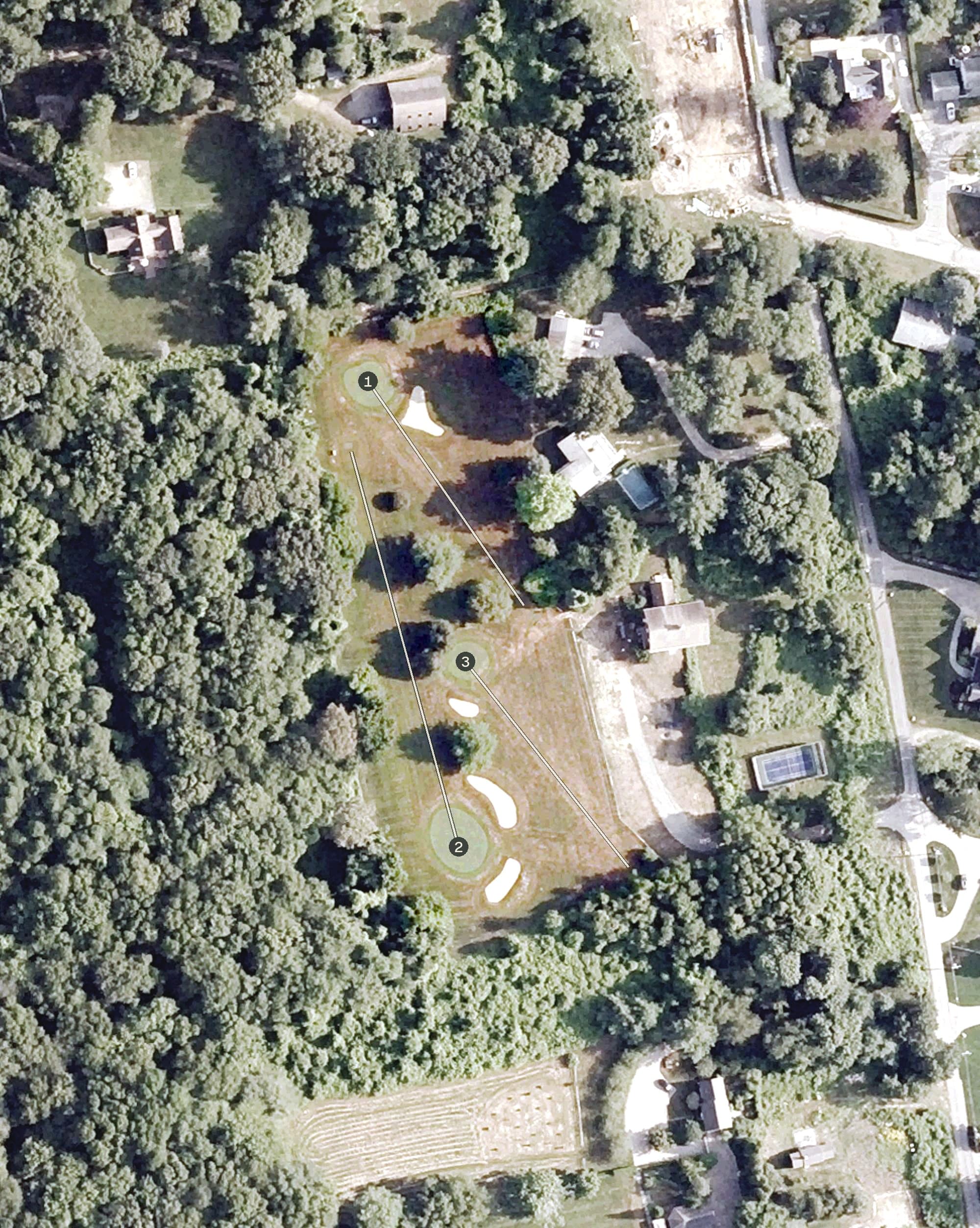Aerial view of Old Black Point Golf Course, CT, with its hole routing marked