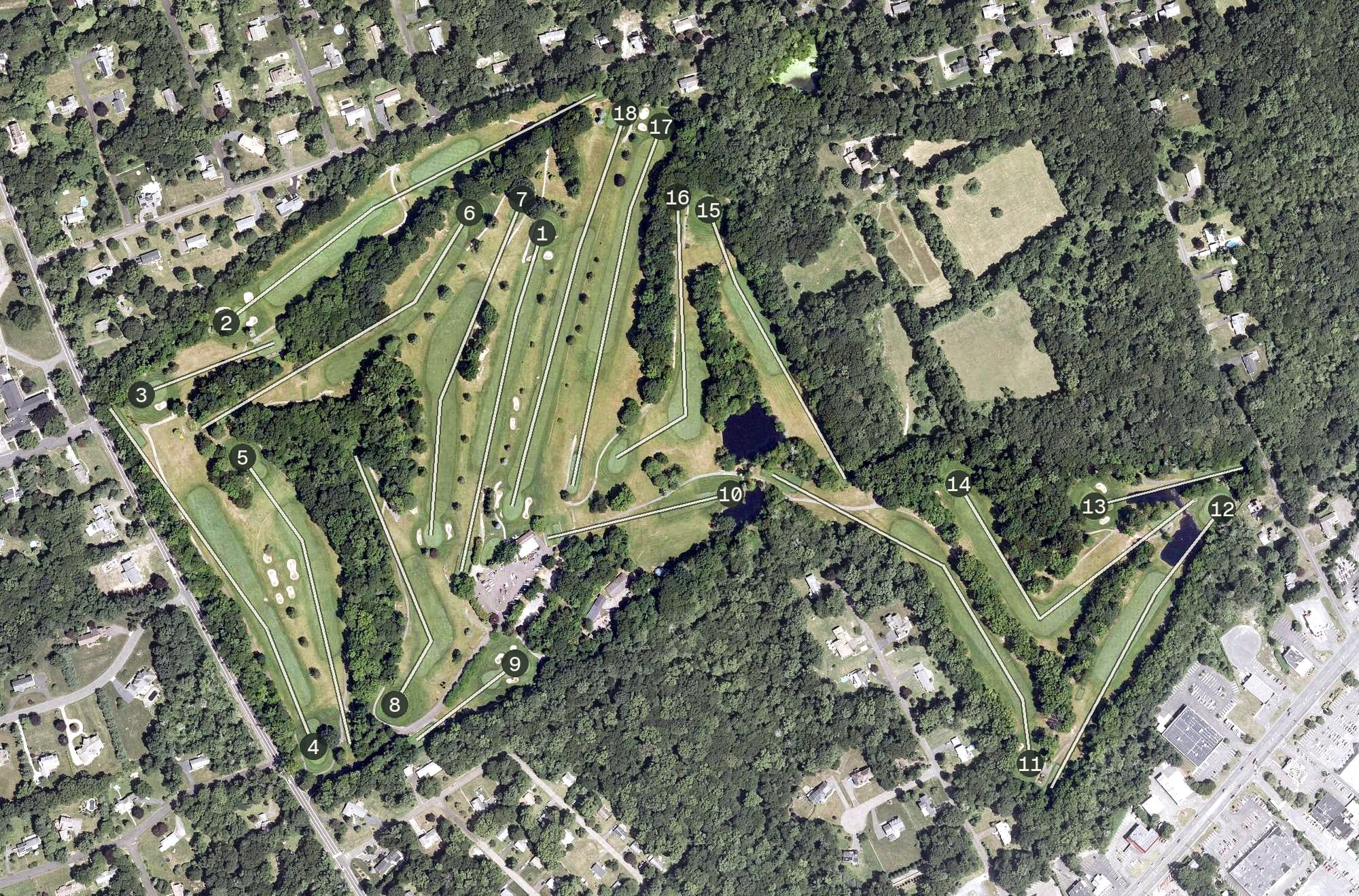 Aerial view of Orange Hills Country Club, CT, with its hole routing marked