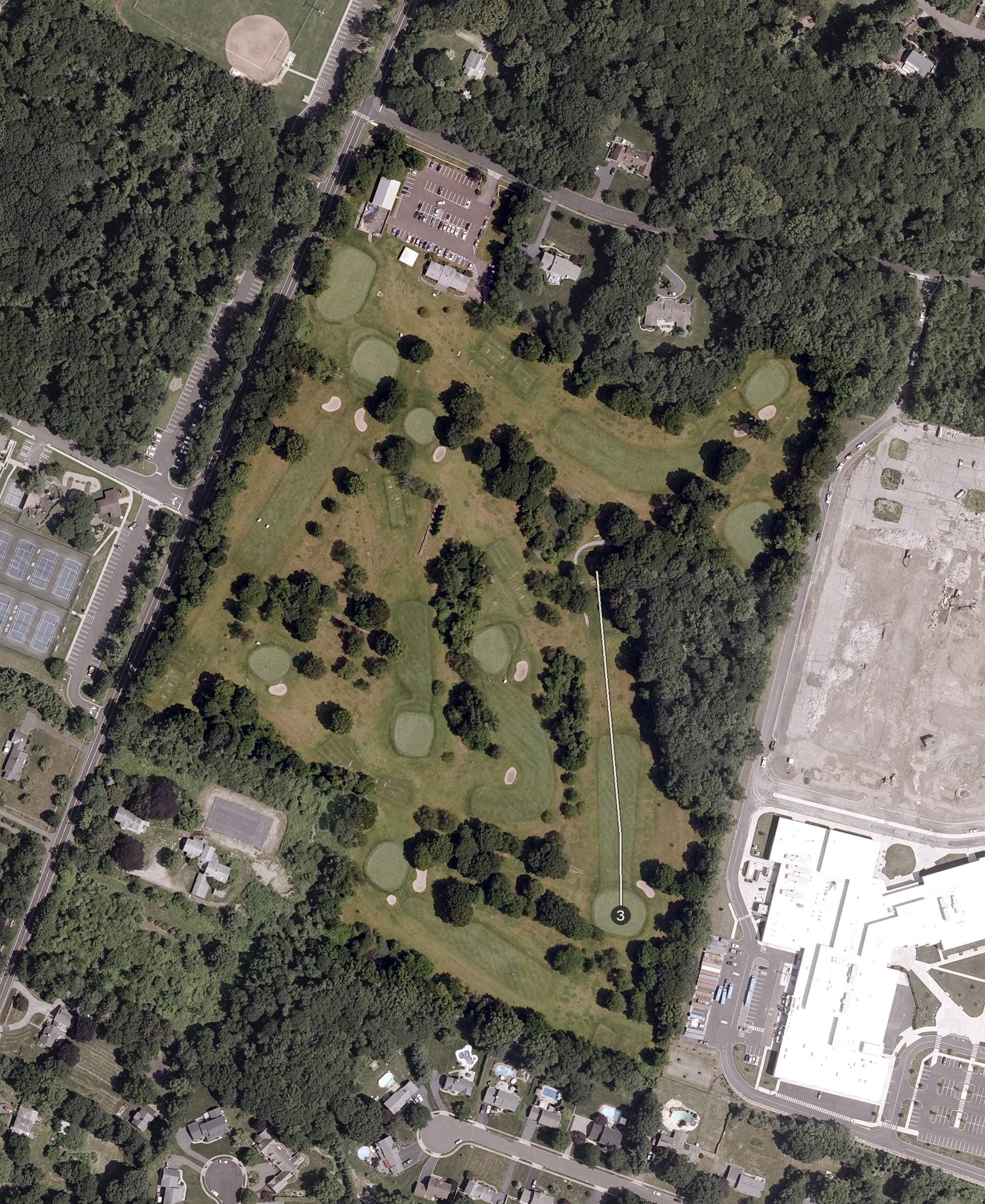 Aerial view of Orchards Golf Course, CT, with its hole routing marked