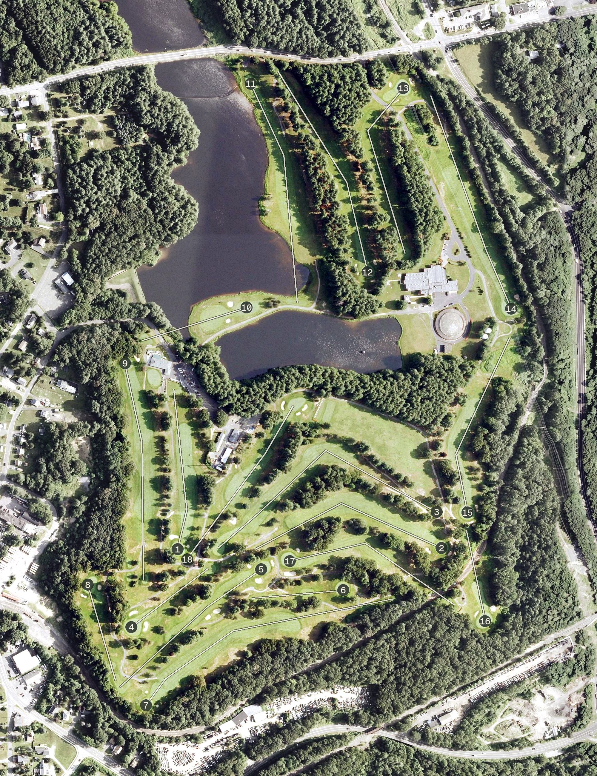 Aerial view of Pequabuck Golf Course, CT, with its hole routing marked