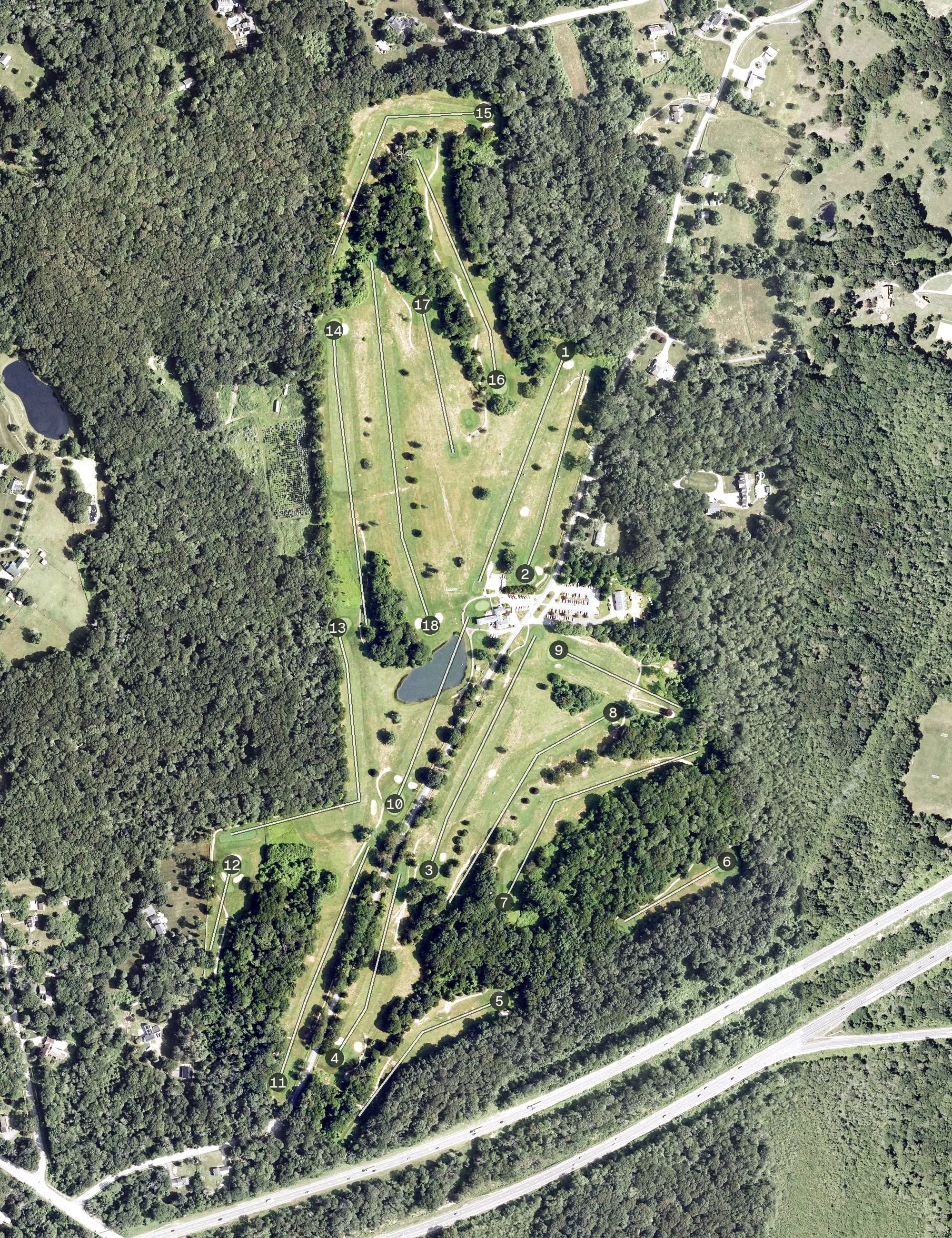 Aerial view of Pequot Golf Club, CT, with its hole routing marked