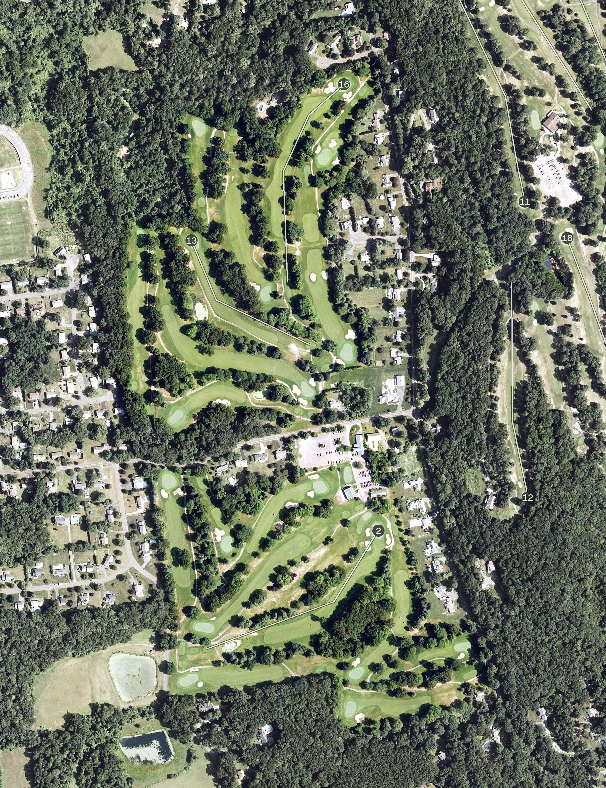 Aerial view of Portland Golf Course, CT, with its hole routing marked