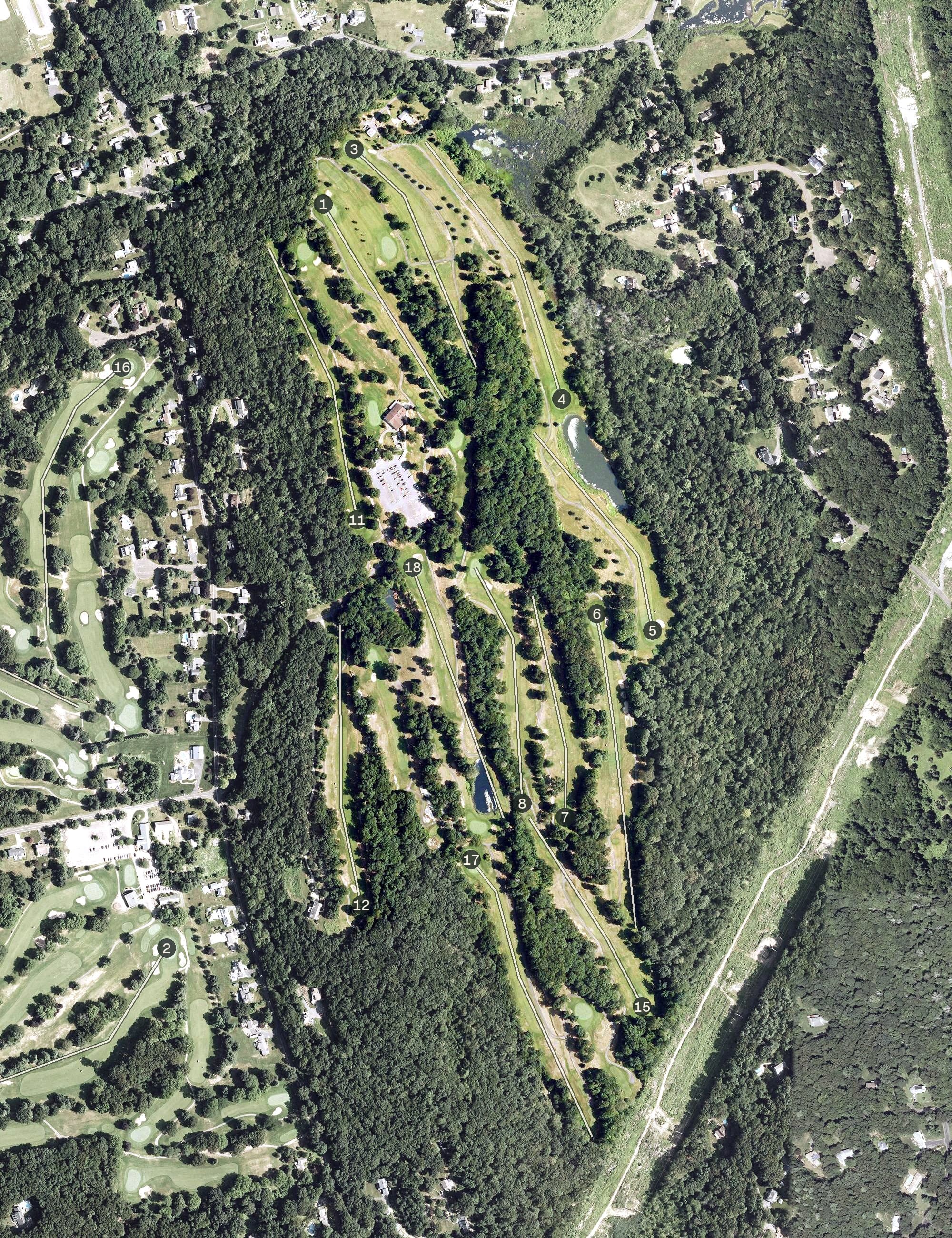 Aerial view of Quarry Ridge Golf Course, CT, with its hole routing marked