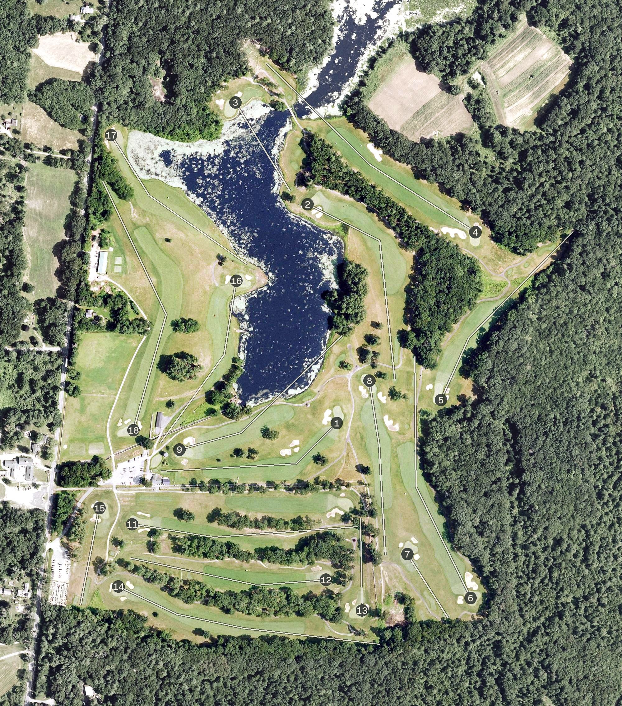 Aerial view of Quinnatisset Country Club, CT, with its hole routing marked