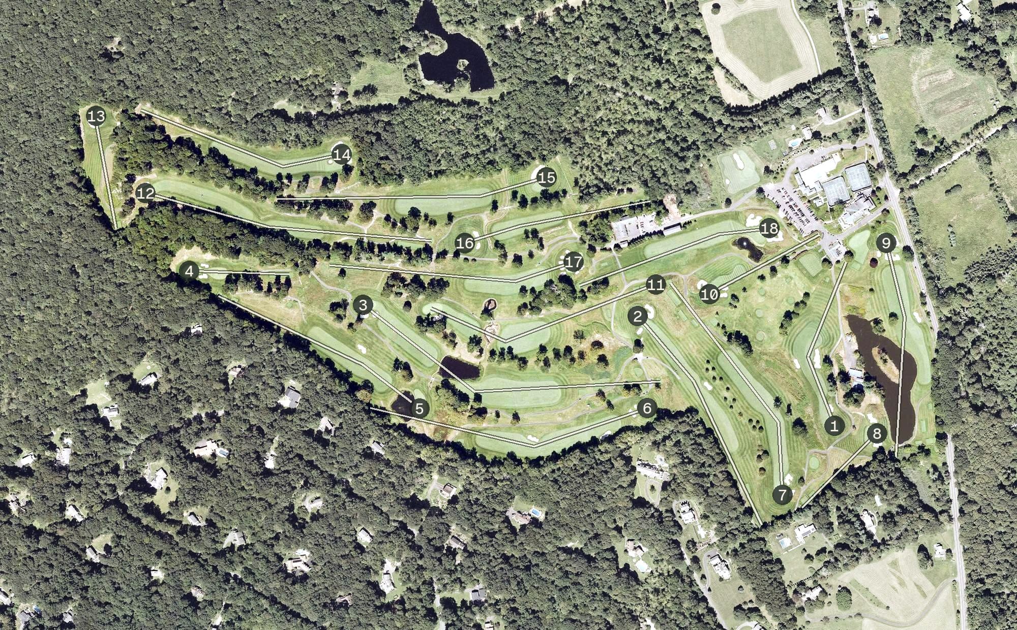 Aerial view of Redding Country Club, CT, with its hole routing marked