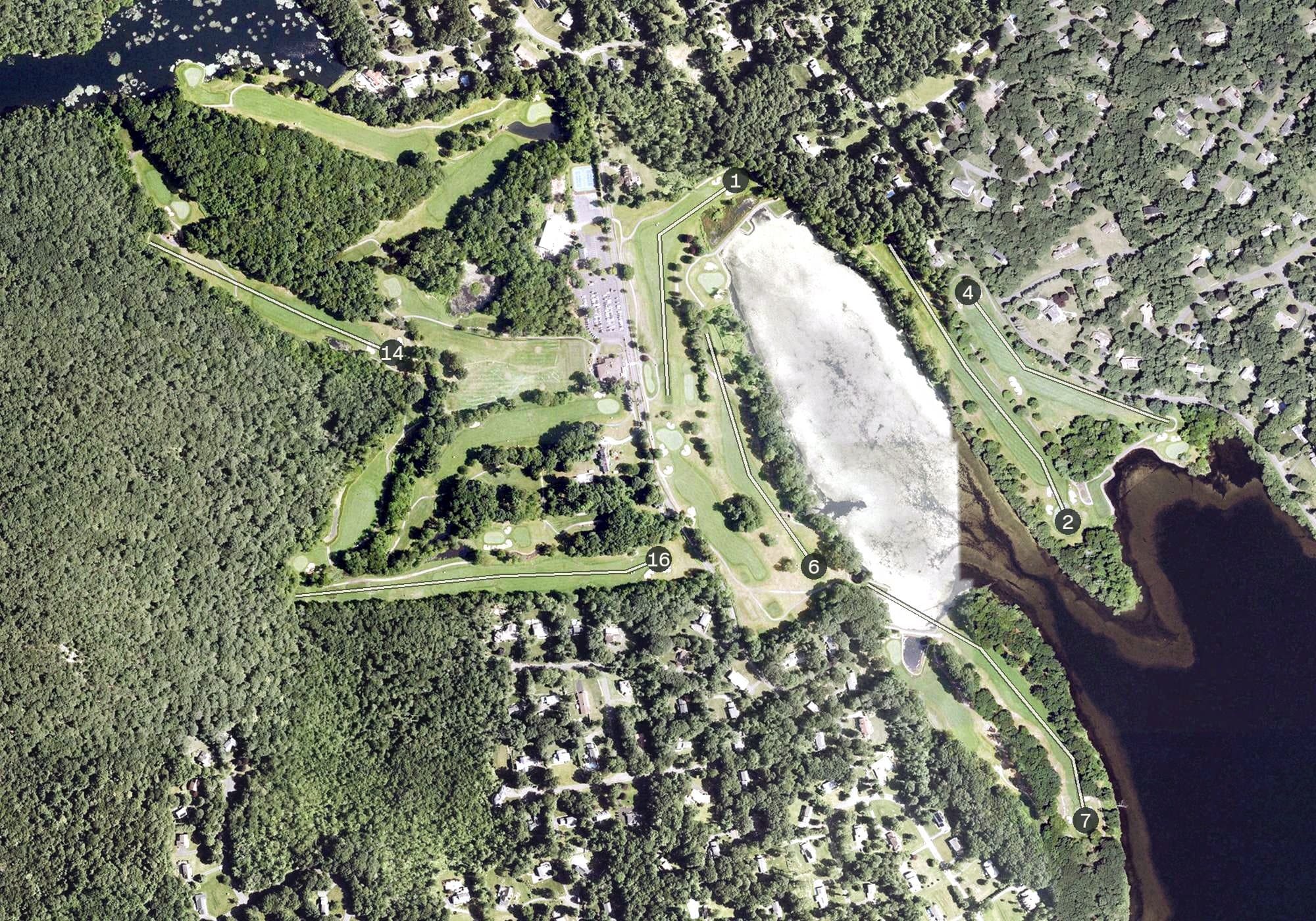 Aerial view of Richter Park Golf Course, CT, with its hole routing marked