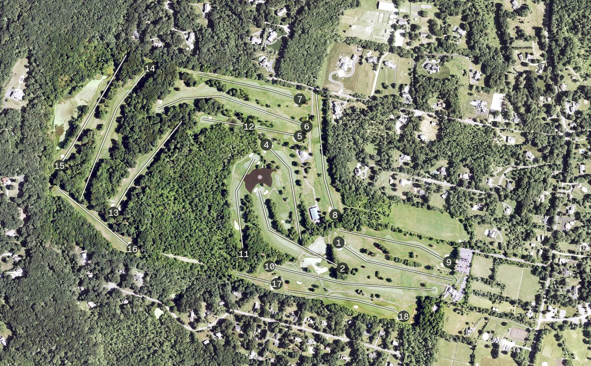 Aerial view of Ridgefield Golf Club, CT, with its hole routing marked
