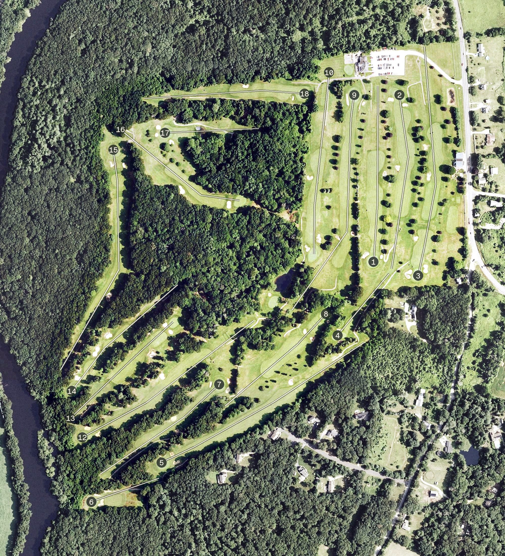 Aerial view of River Ridge Golf Course, CT, with its hole routing marked