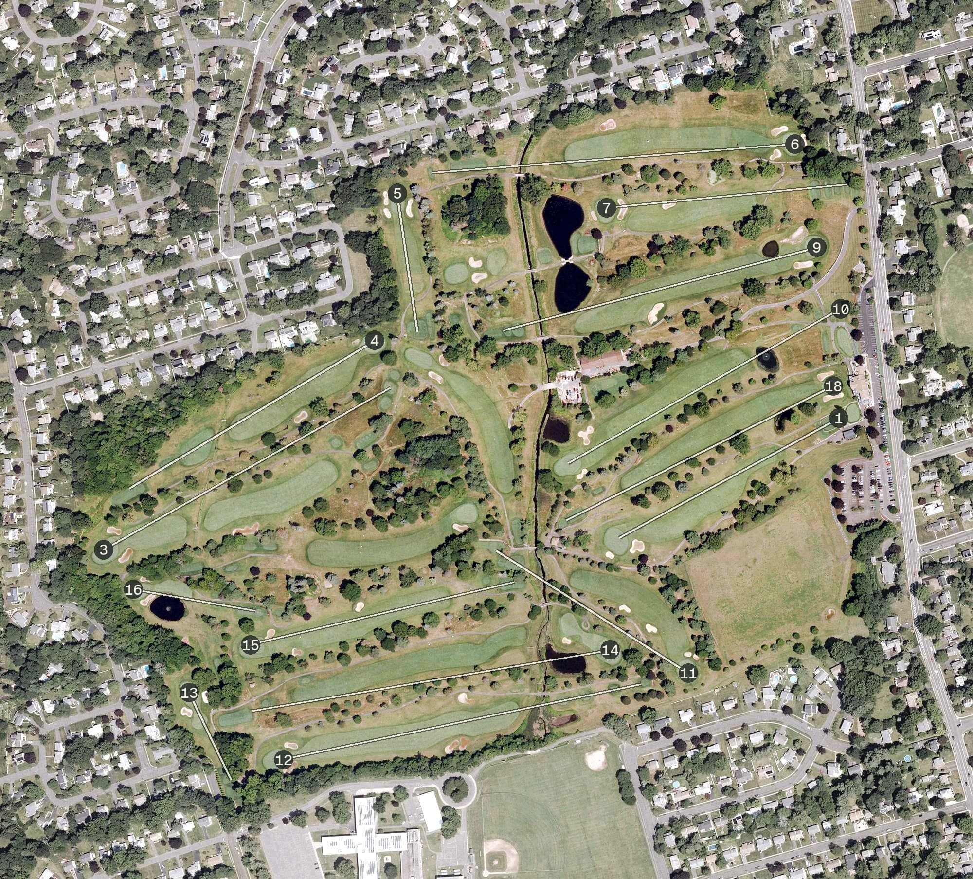 Aerial view of Rockledge Golf Club, CT, with its hole routing marked