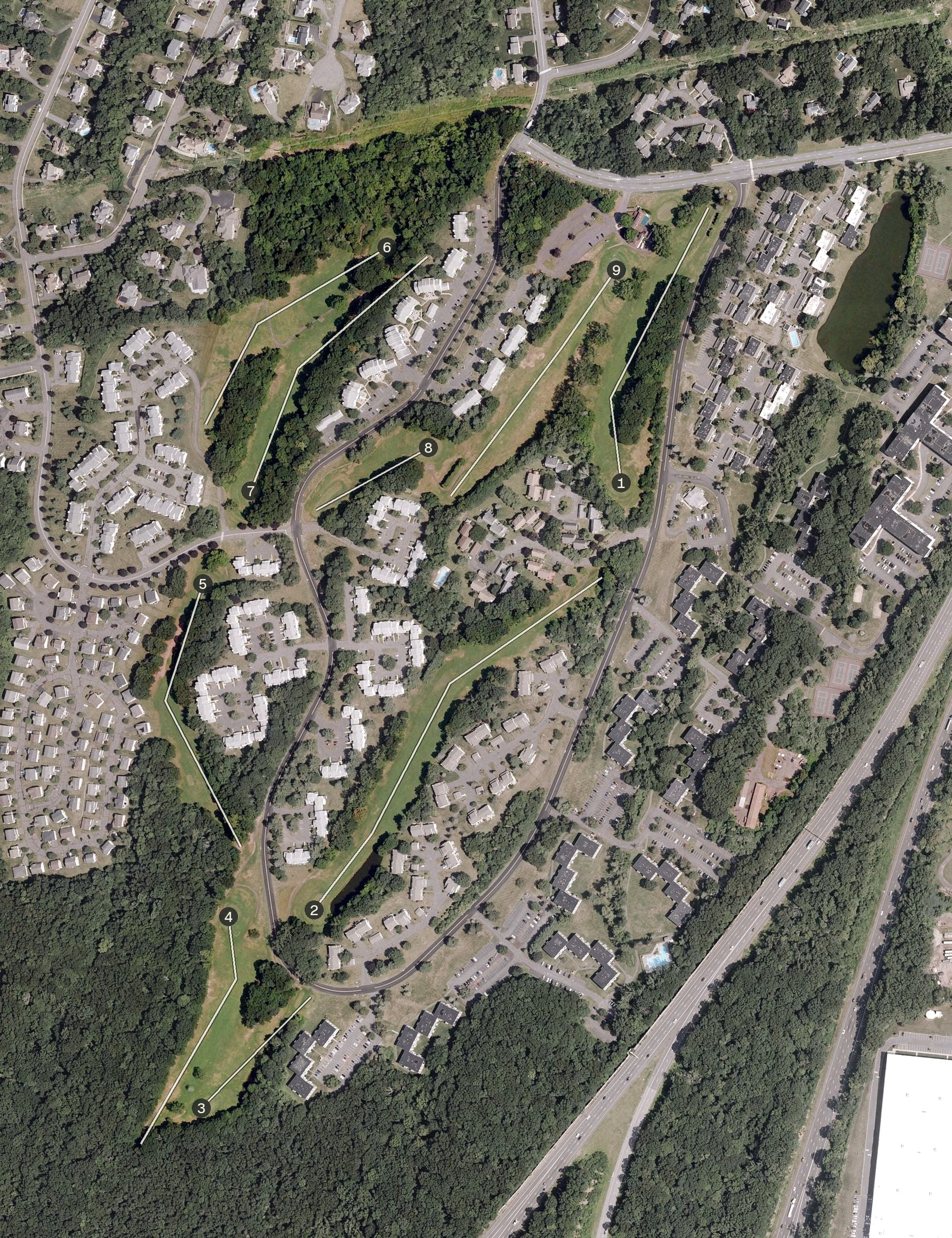 Aerial view of Rolling Greens Golf Course, CT, with its hole routing marked