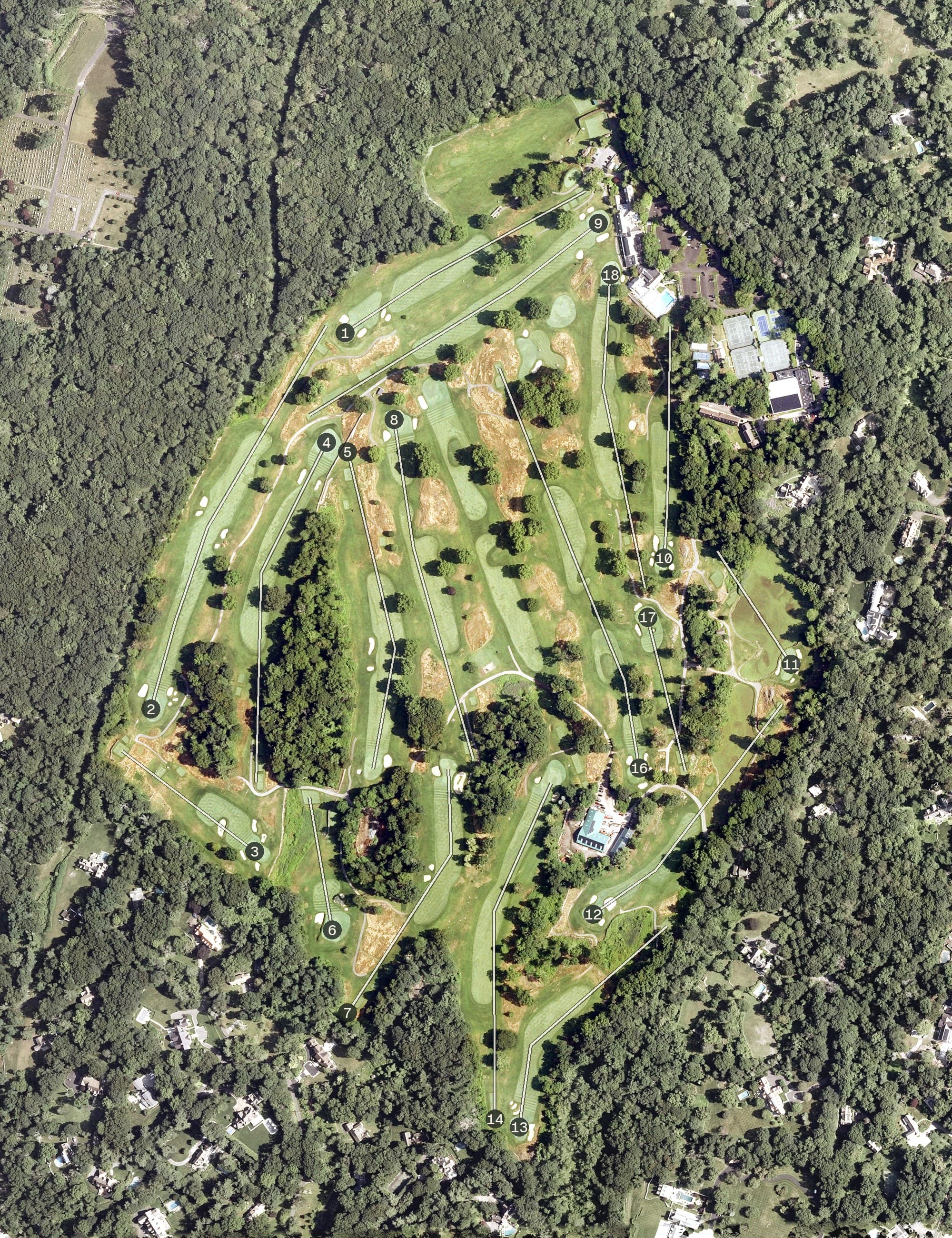 Aerial view of Round Hill Club, CT, with its hole routing marked