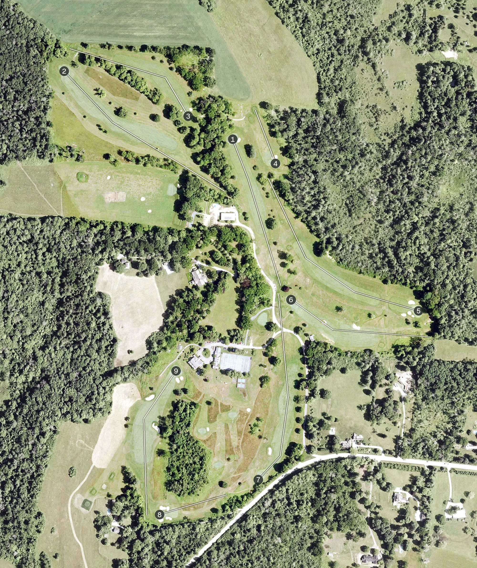 Aerial view of Sharon Country Club, CT, with its hole routing marked