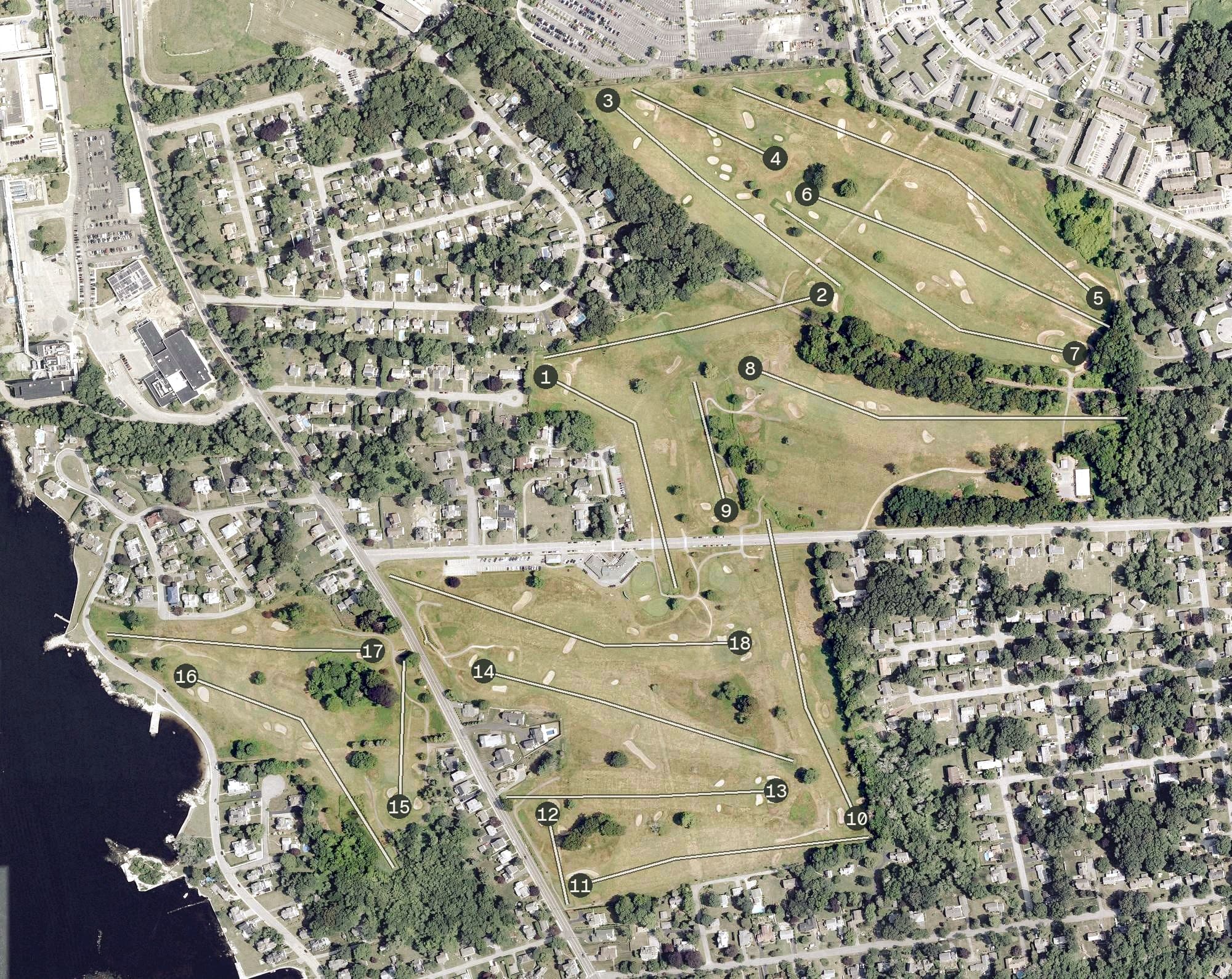 Aerial view of Shennecossett Golf Course, CT, with its hole routing marked