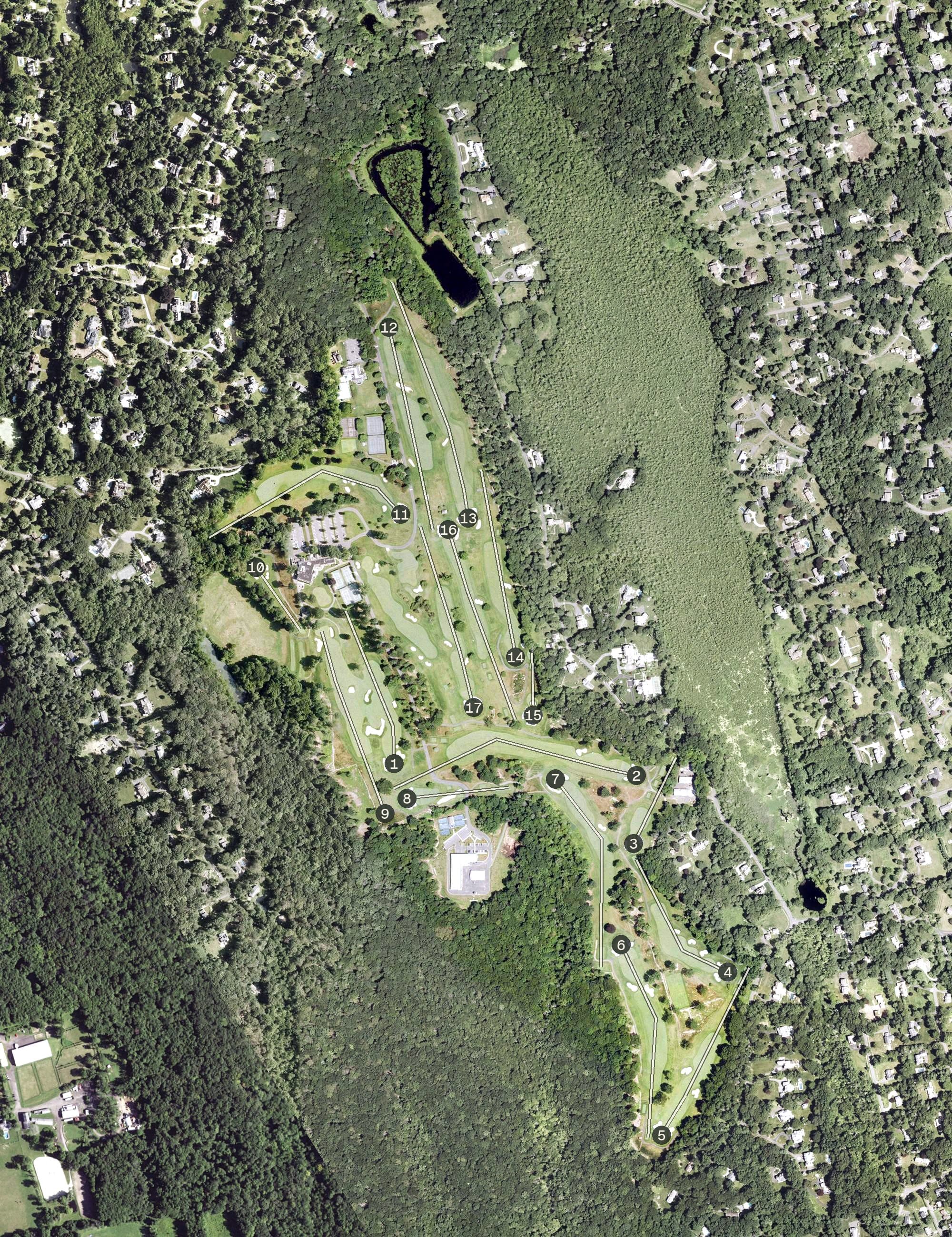 Aerial view of Silver Spring Country Club, CT, with its hole routing marked