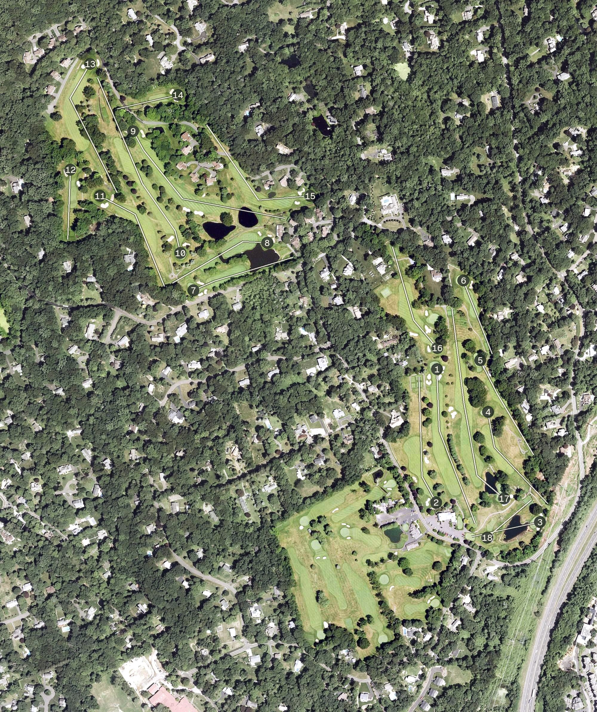 Aerial view of Silvermine Golf Club, CT, with its hole routing marked