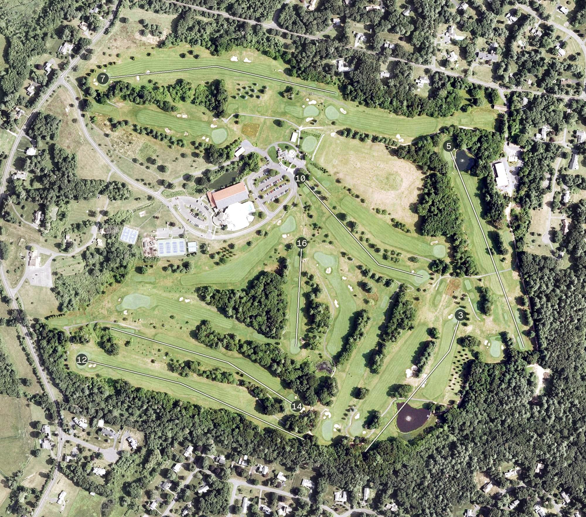 Aerial view of Simsbury Farms Golf Course, CT, with its hole routing marked
