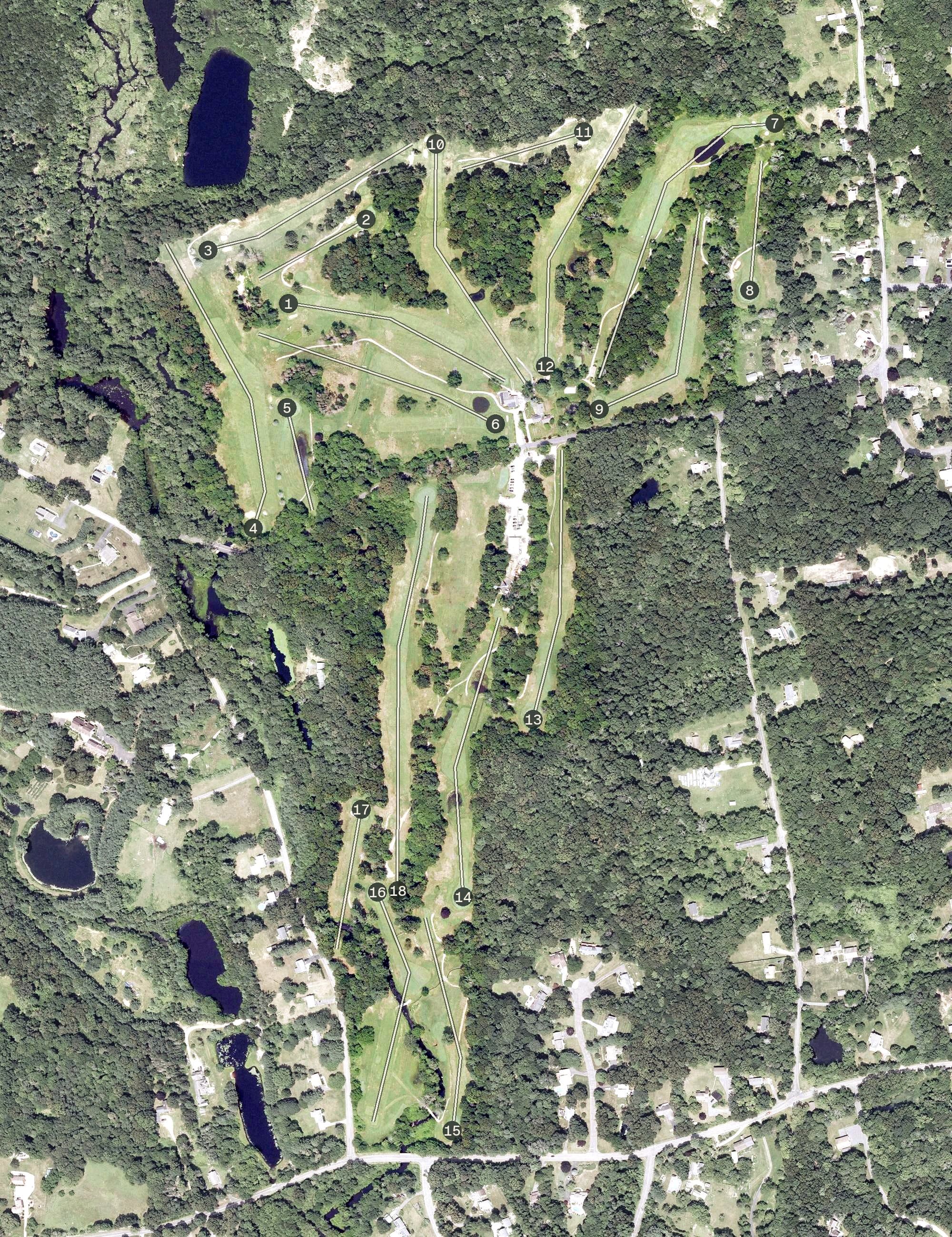 Aerial view of Skungamaug River Golf Club, CT, with its hole routing marked