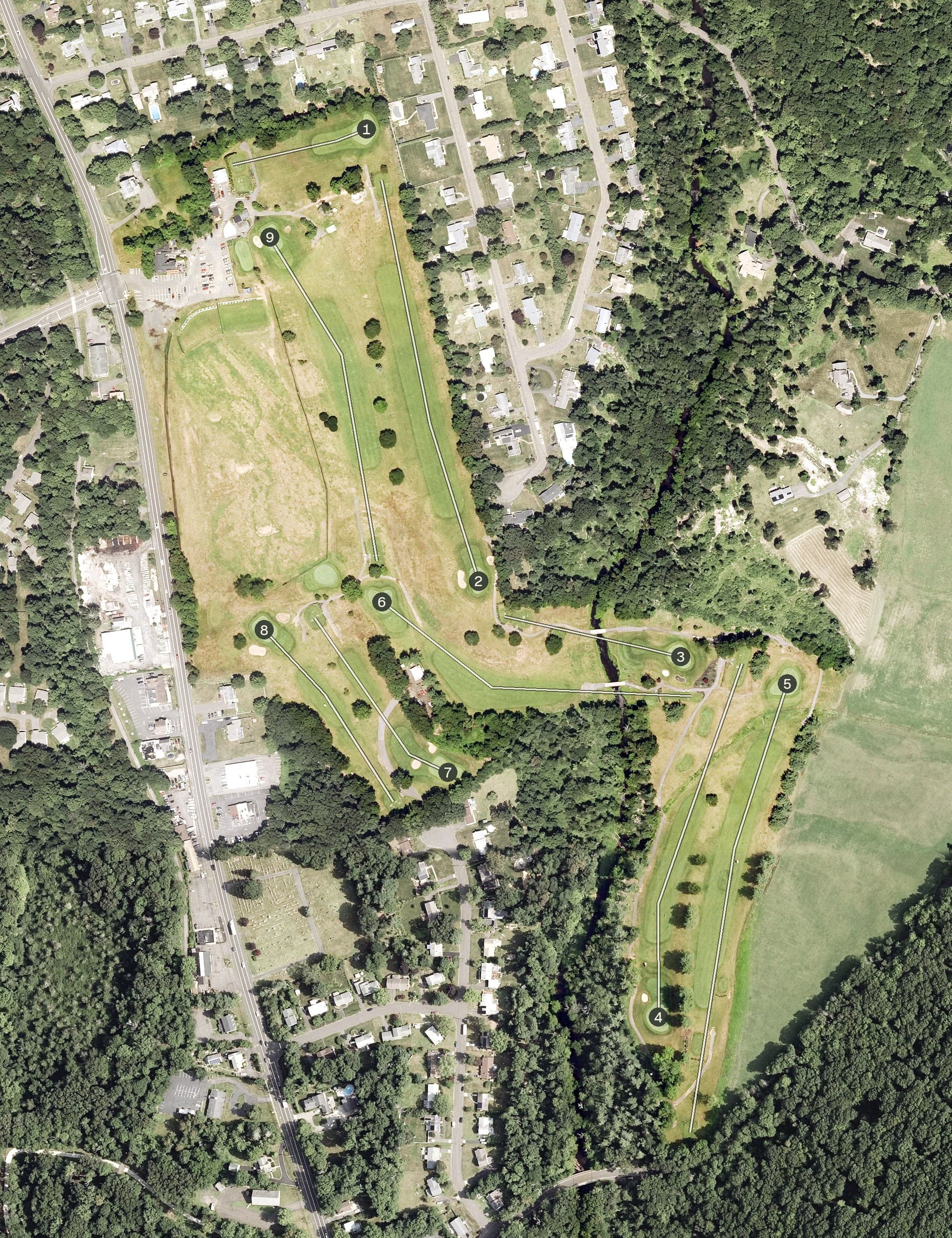 Aerial view of Sleeping Giant Golf Course, CT, with its hole routing marked
