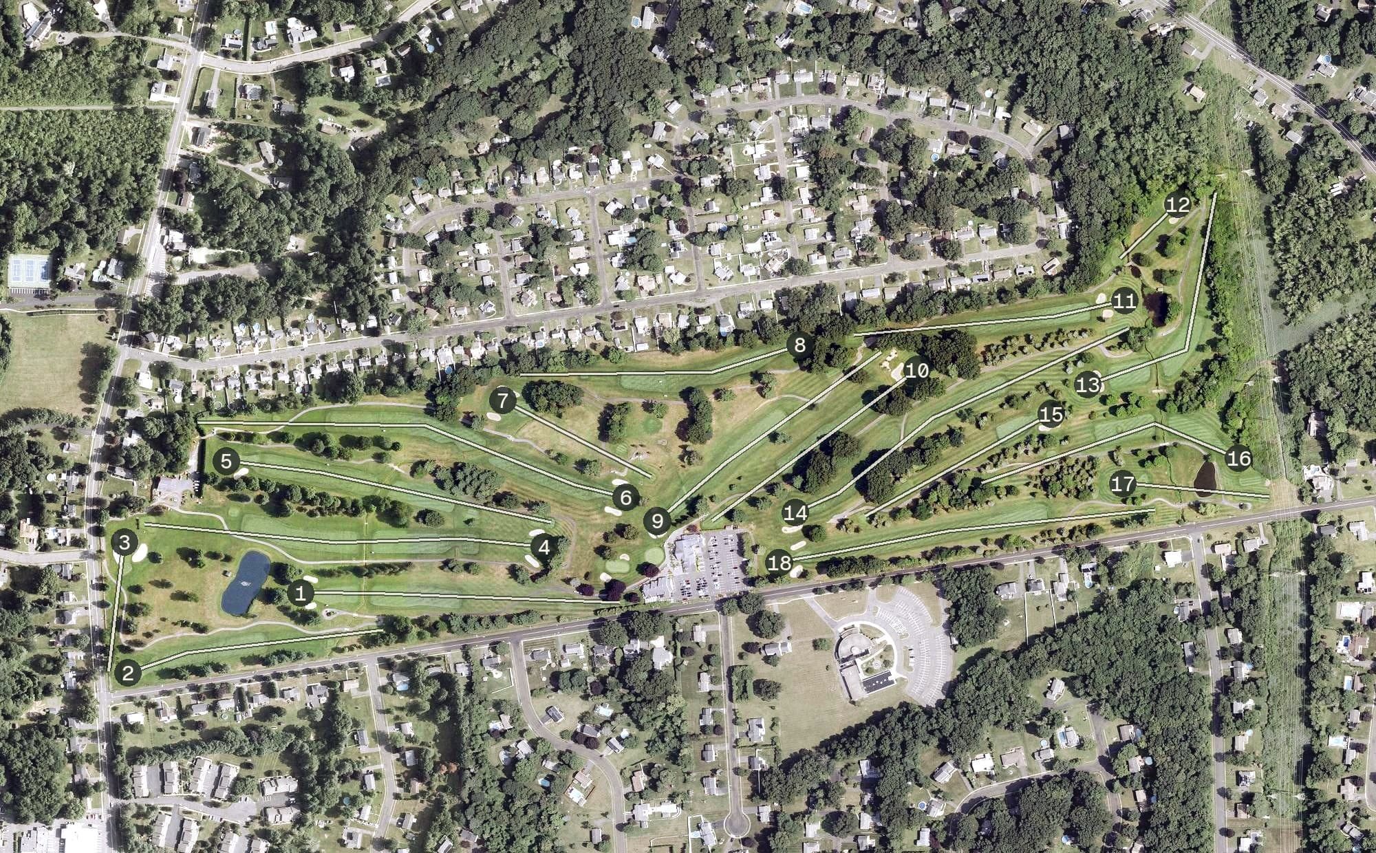 Aerial view of Southington Country Club, CT, with its hole routing marked