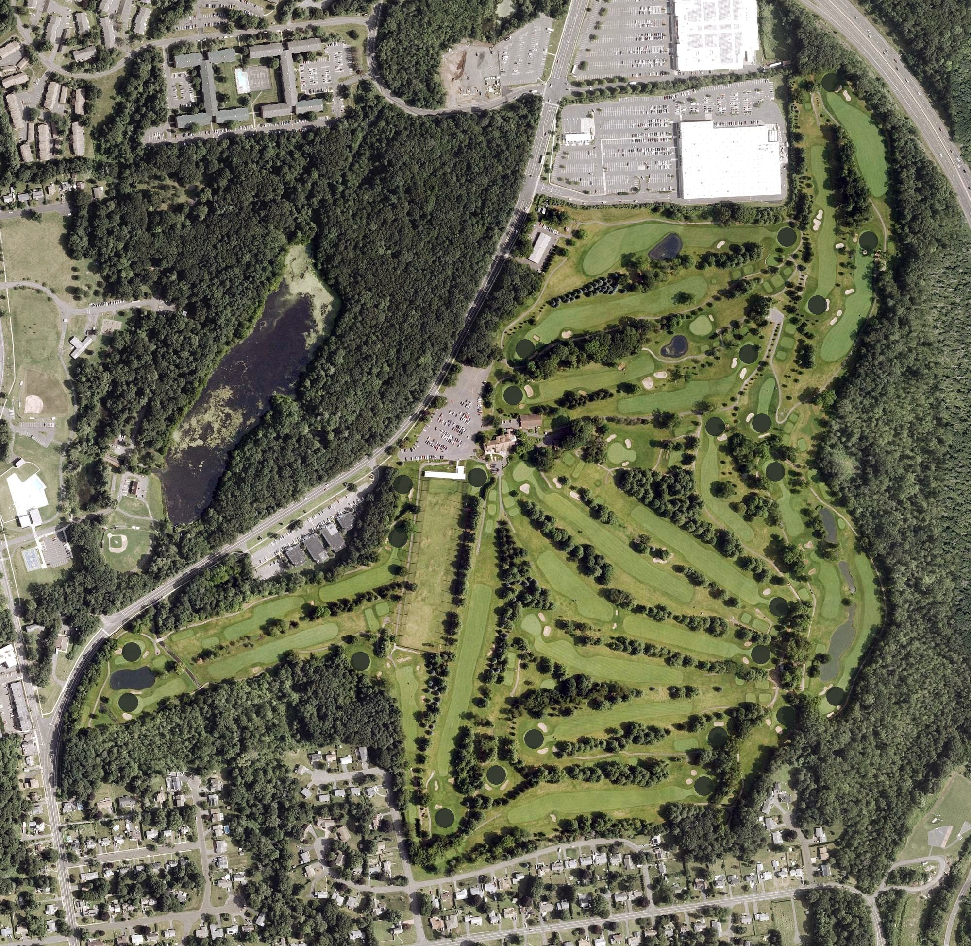 Aerial view of Stanley Golf Course, CT, with its hole routing marked