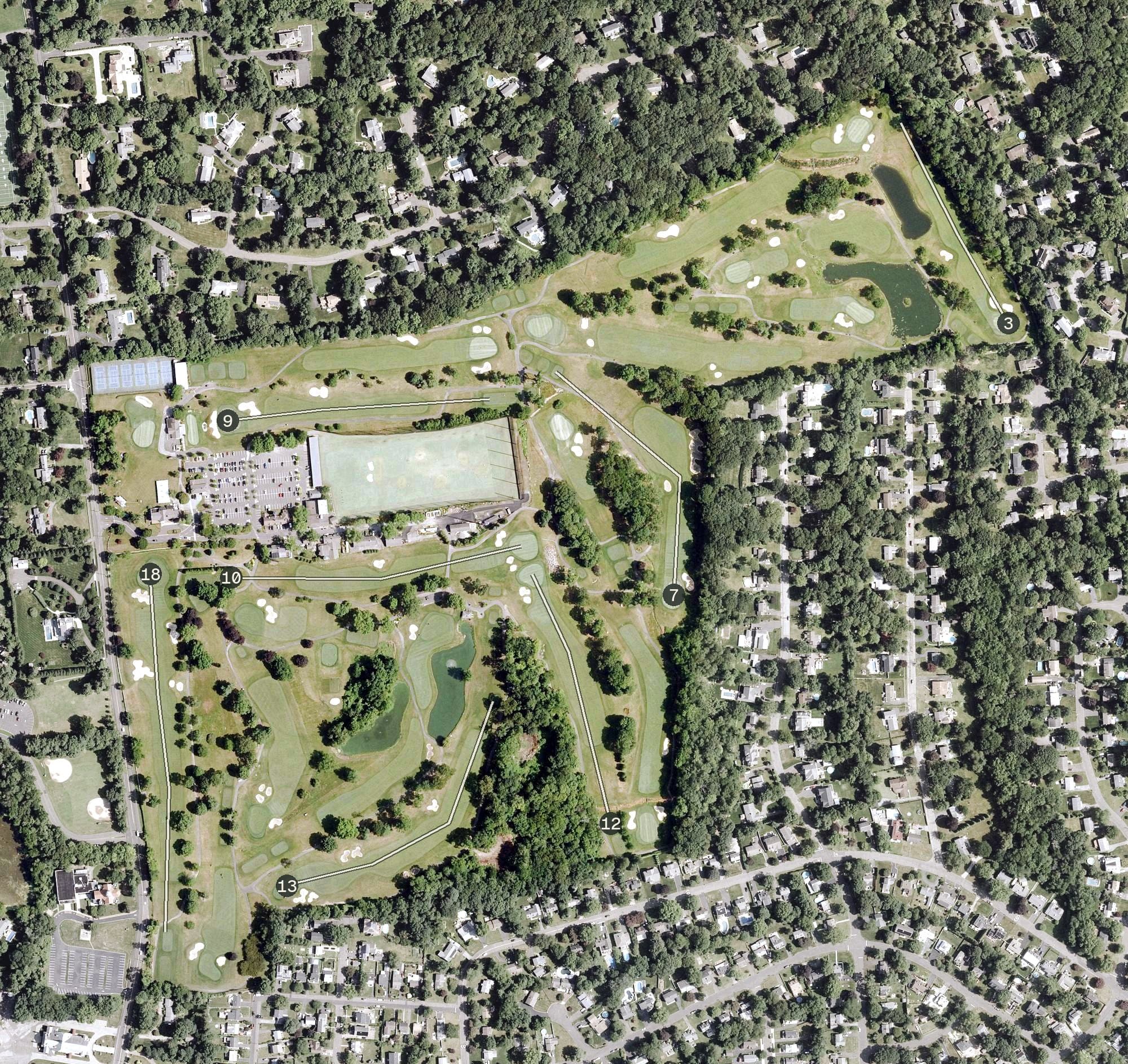 Aerial view of Sterling Farms Golf Club, CT, with its hole routing marked