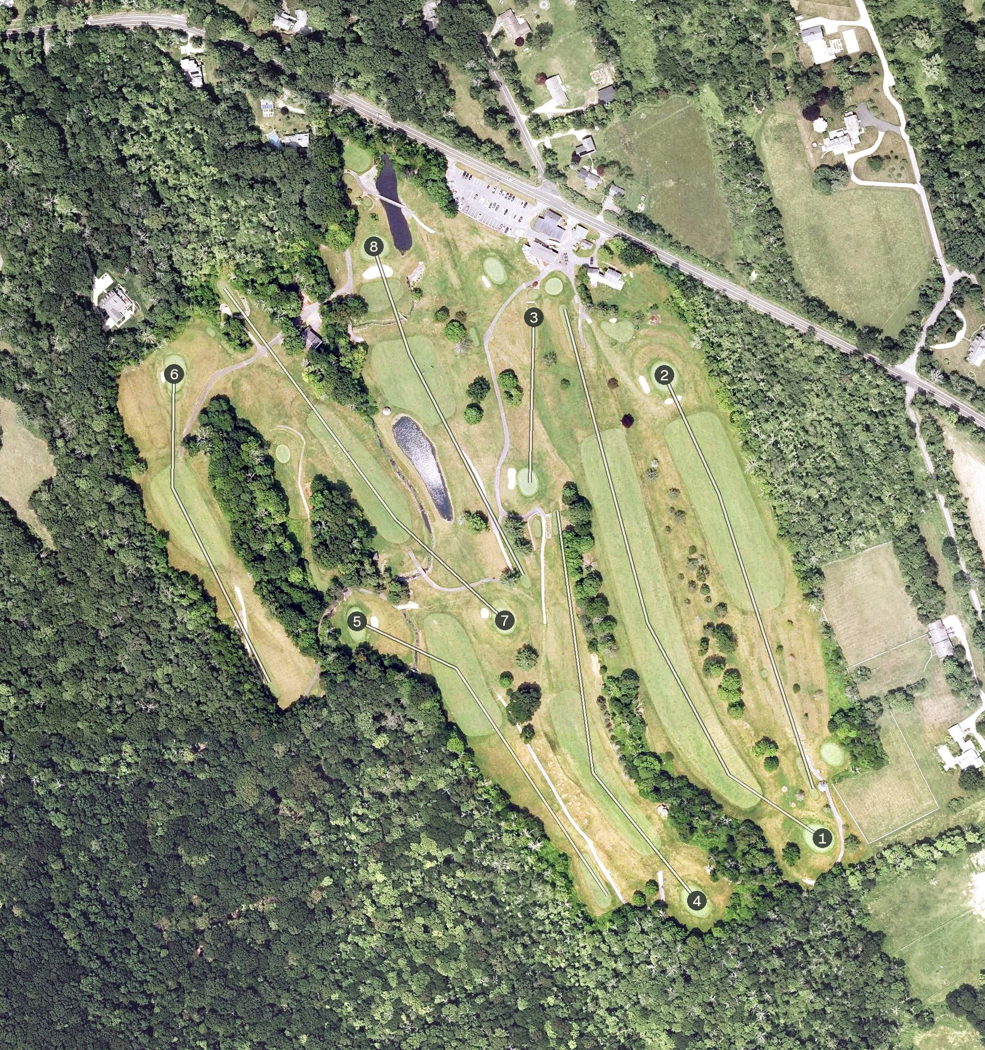 Aerial view of Stonybrook Golf Course, CT, with its hole routing marked