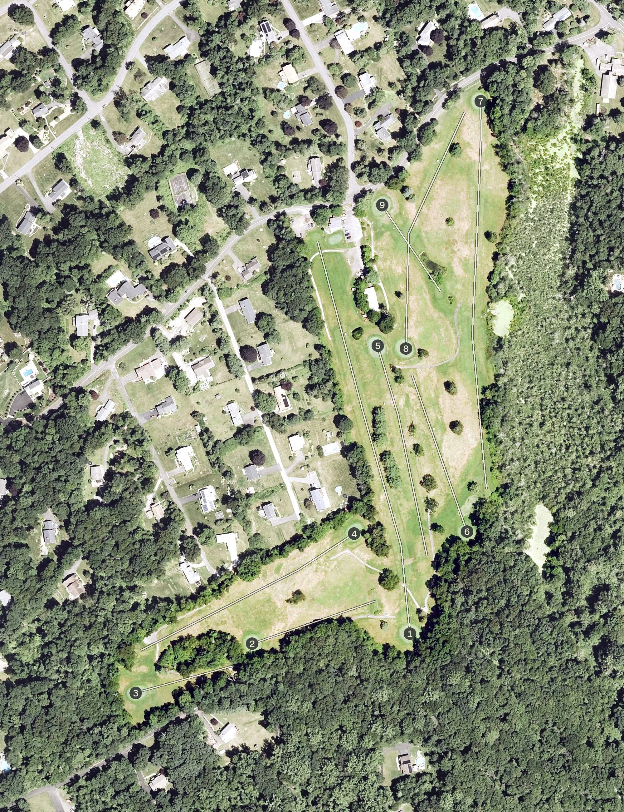 Aerial view of Sunset Hill Golf Club, CT, with its hole routing marked