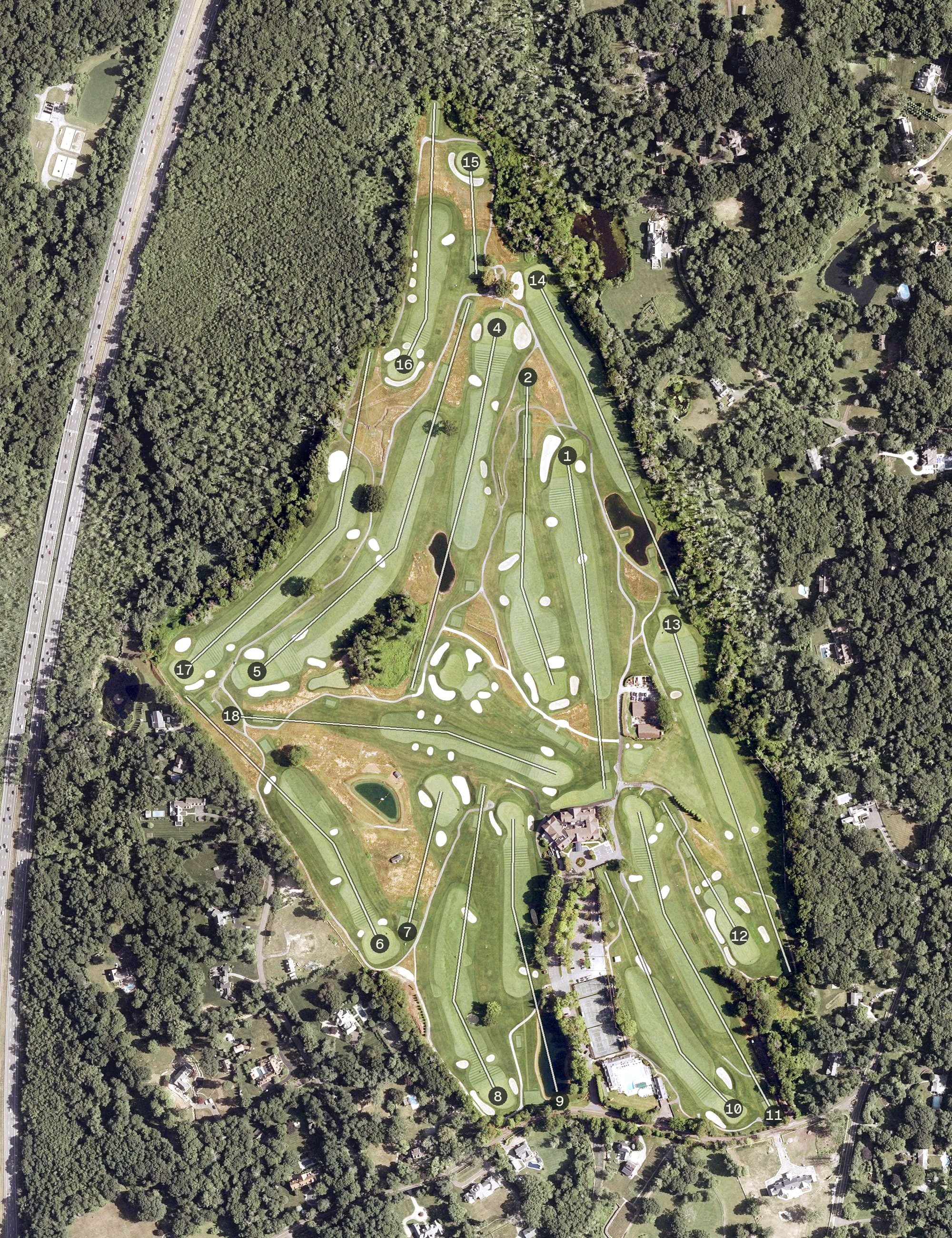 Aerial view of Tamarack Country Club, CT, with its hole routing marked