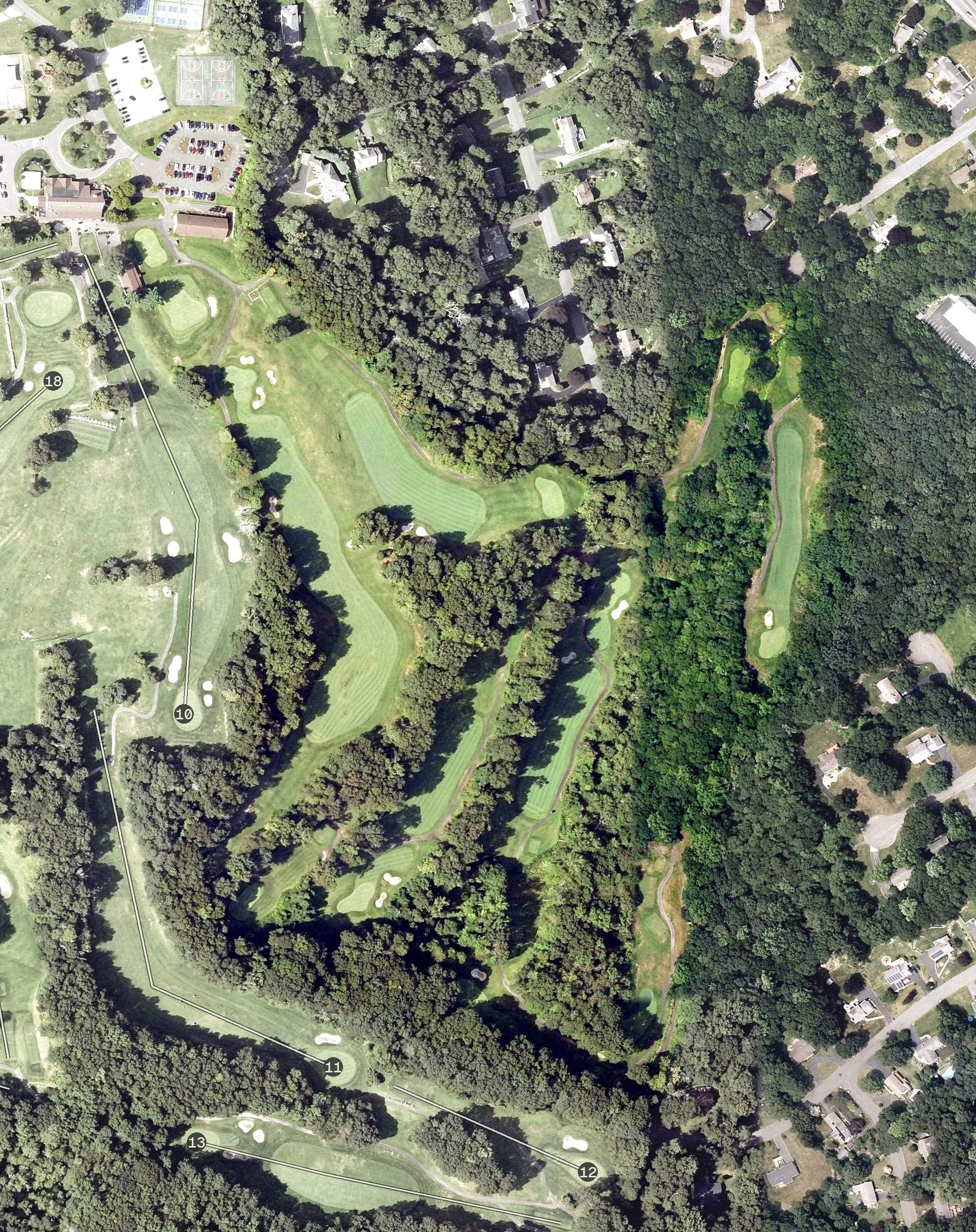 Aerial view of Tashua Glen Golf Course, CT, with its hole routing marked