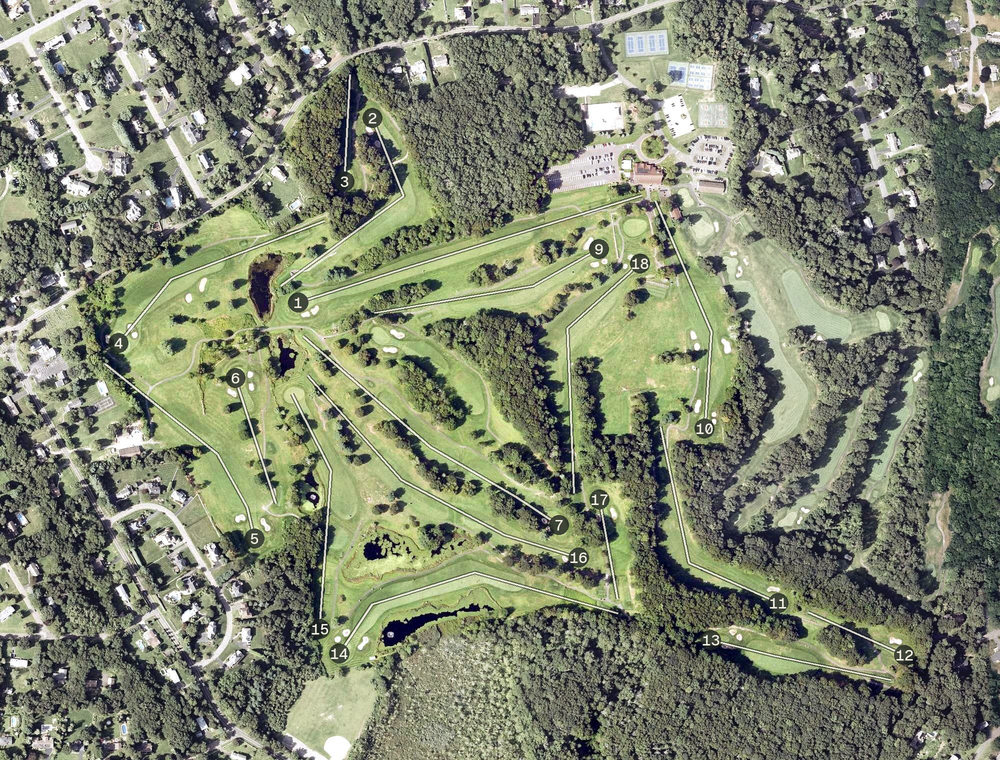 Aerial view of Tashua Knolls Golf Course, CT, with its hole routing marked