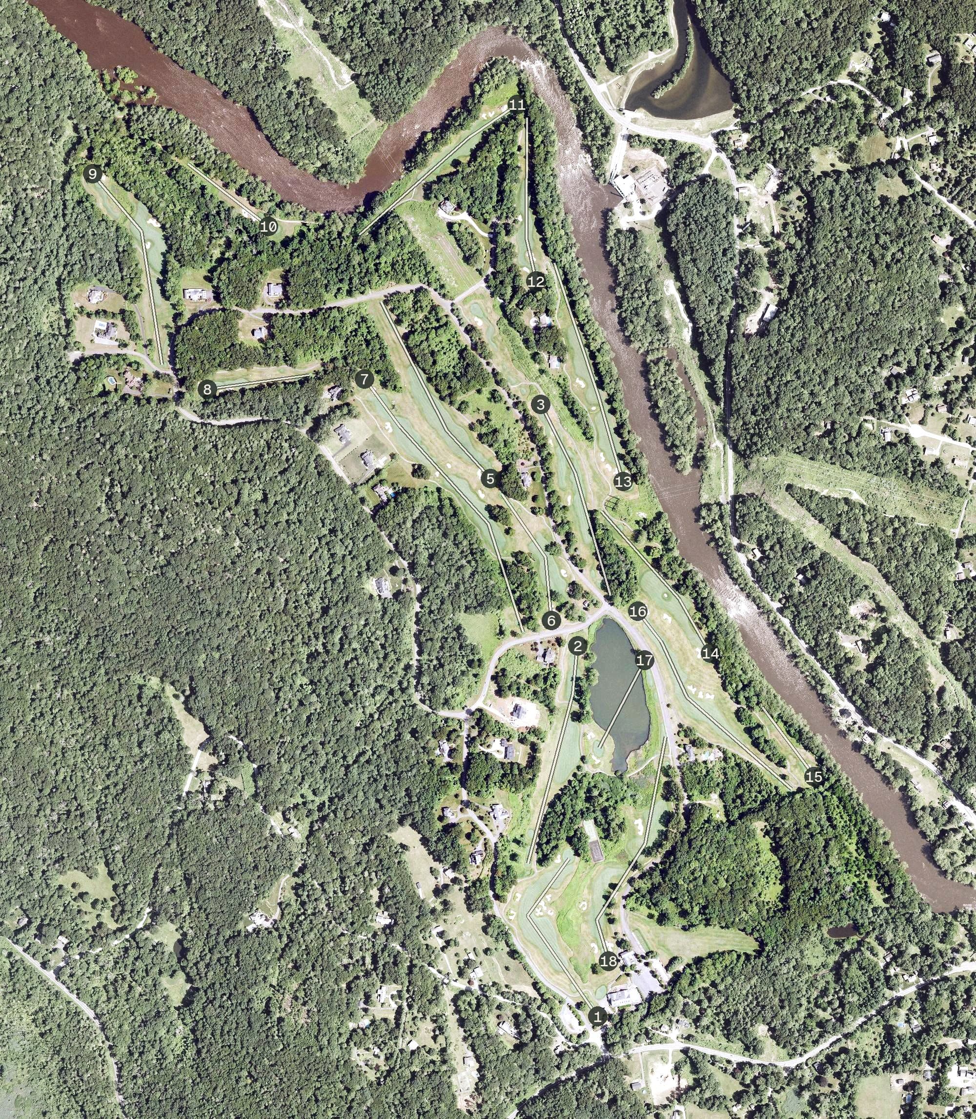 Aerial view of The Club at River Oaks, CT, with its hole routing marked