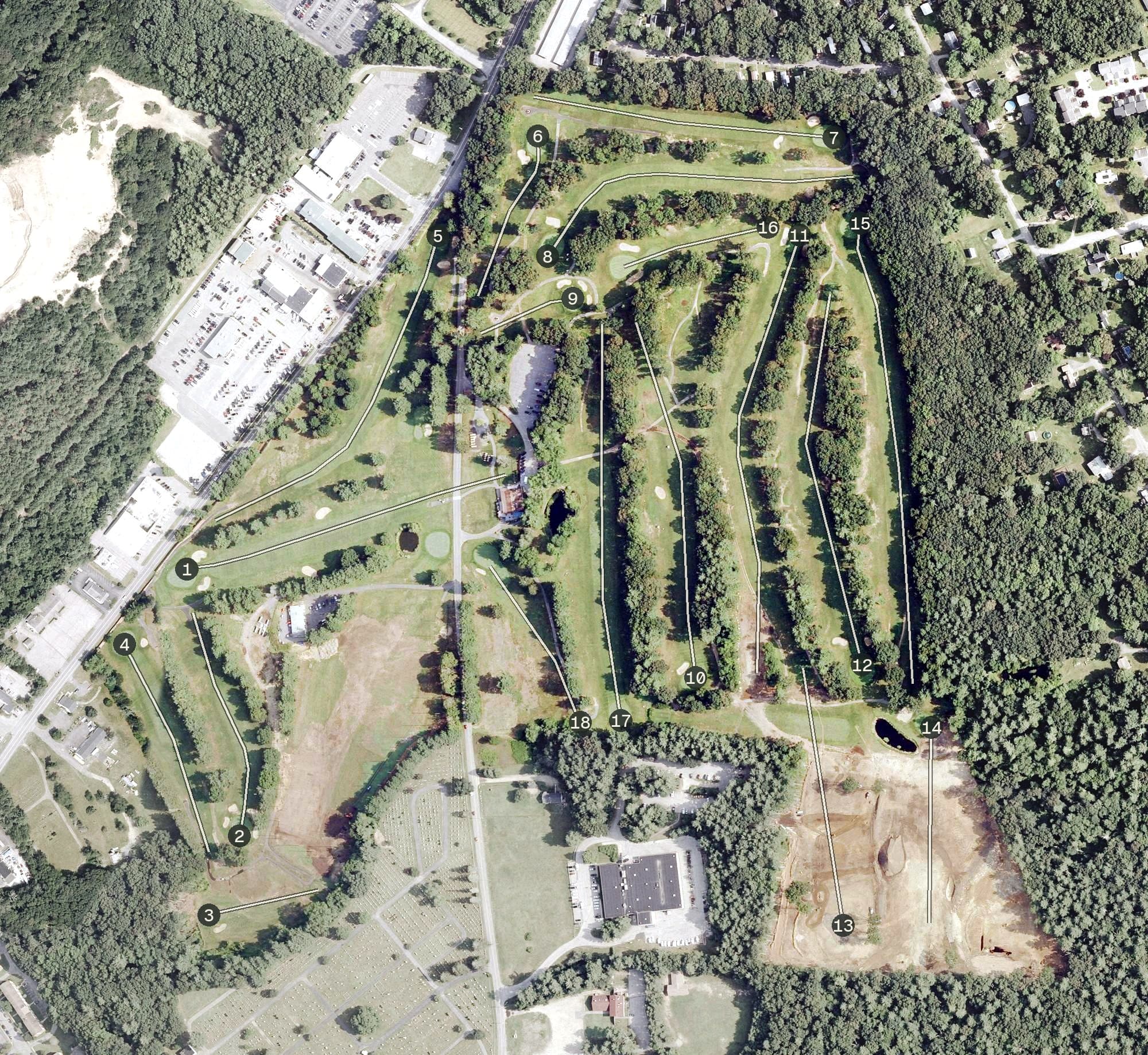 Aerial view of The Golf Club at Windham, CT, with its hole routing marked