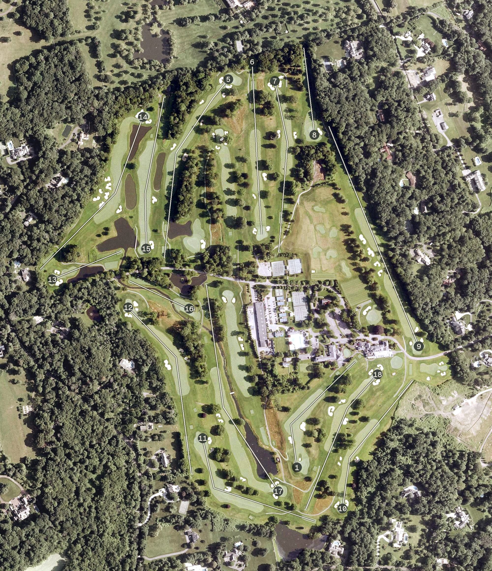Aerial view of The Stanwich Club, CT, with its hole routing marked
