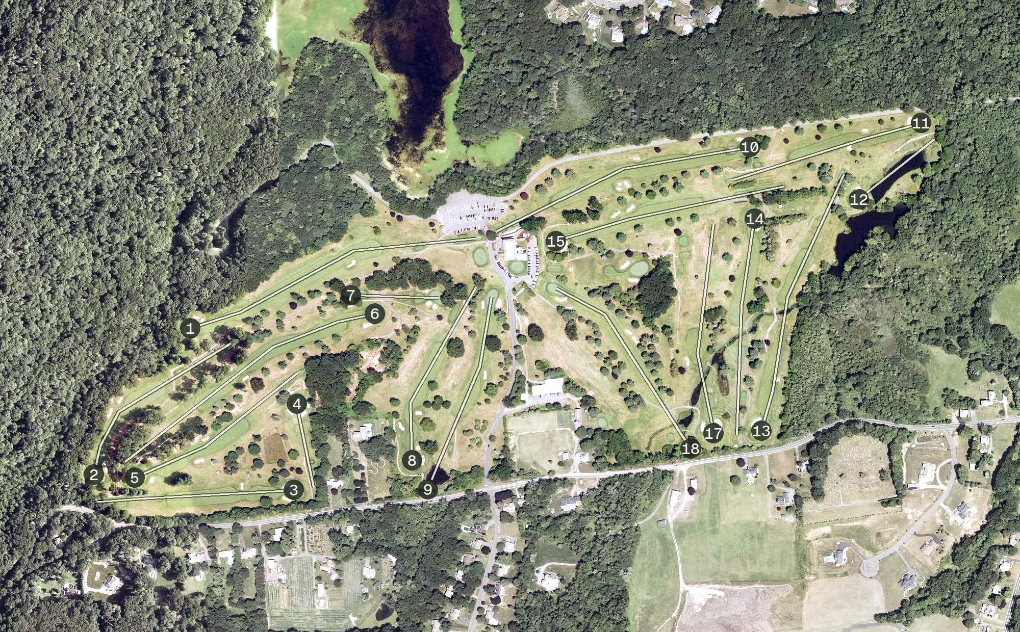 Aerial view of Timberlin Golf Course, CT, with its hole routing marked