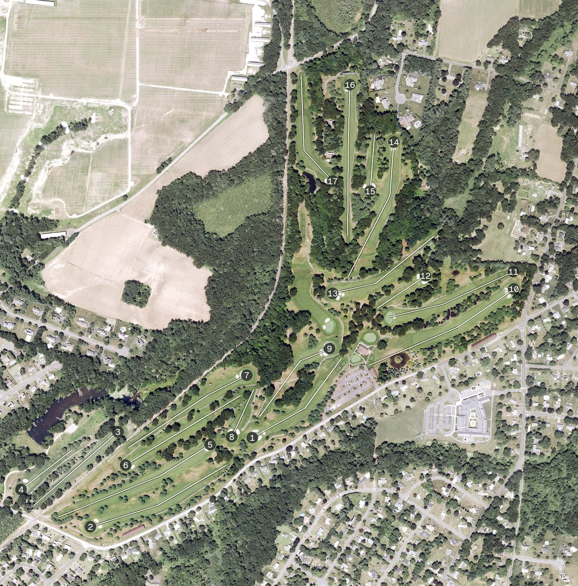 Aerial view of Topstone Golf Course, CT, with its hole routing marked