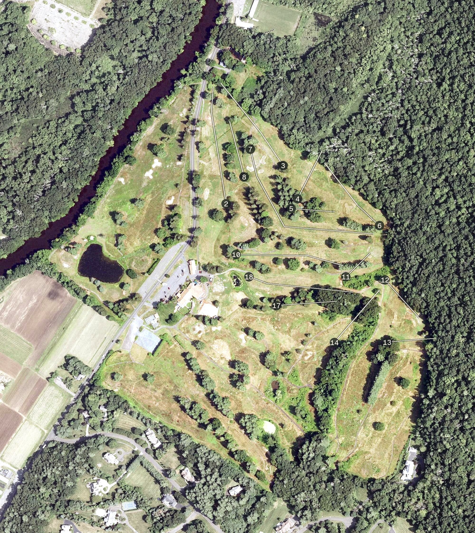 Aerial view of Tower Ridge Disc Golf, CT, with its hole routing marked