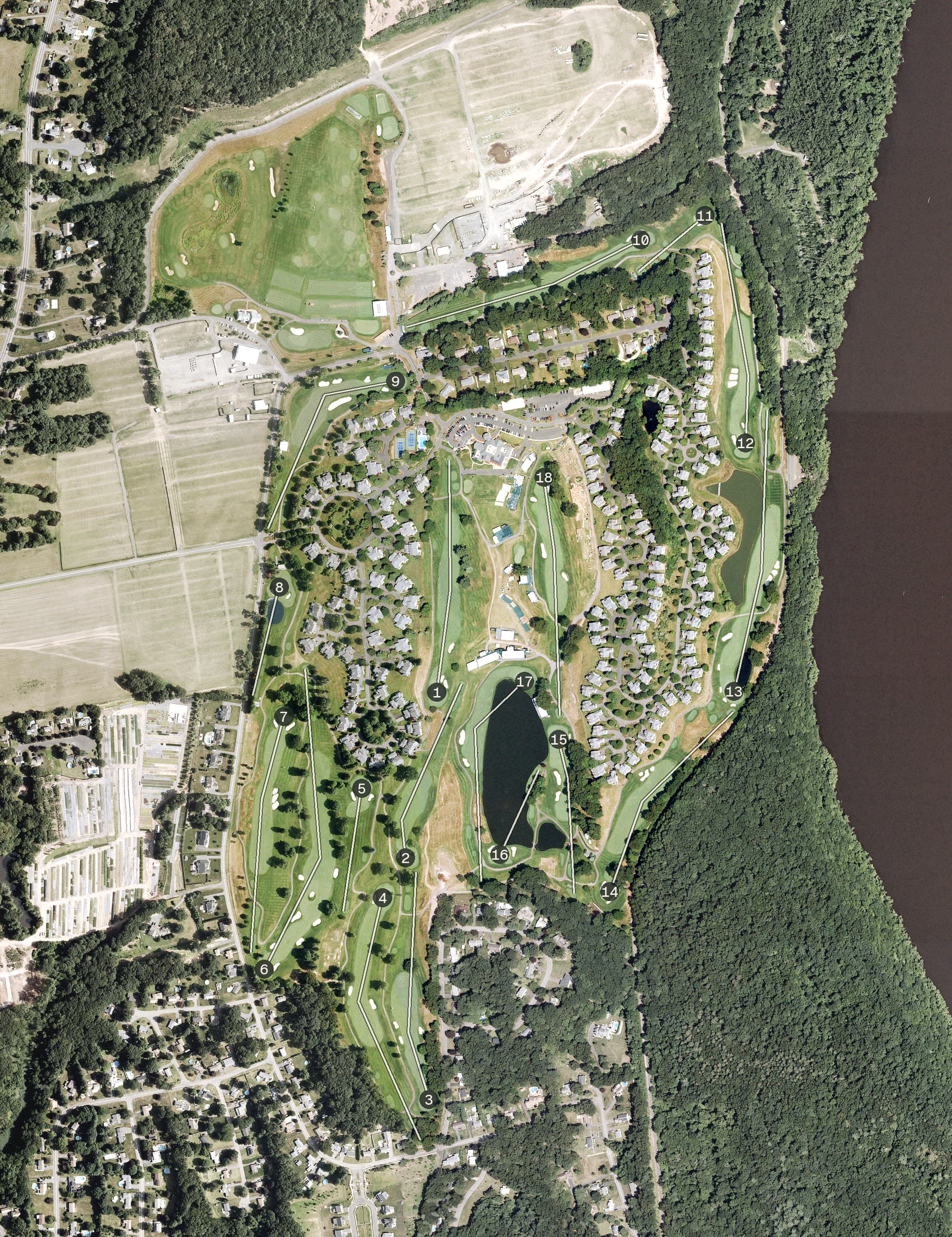 Aerial view of TPC River Highlands, CT, with its hole routing marked